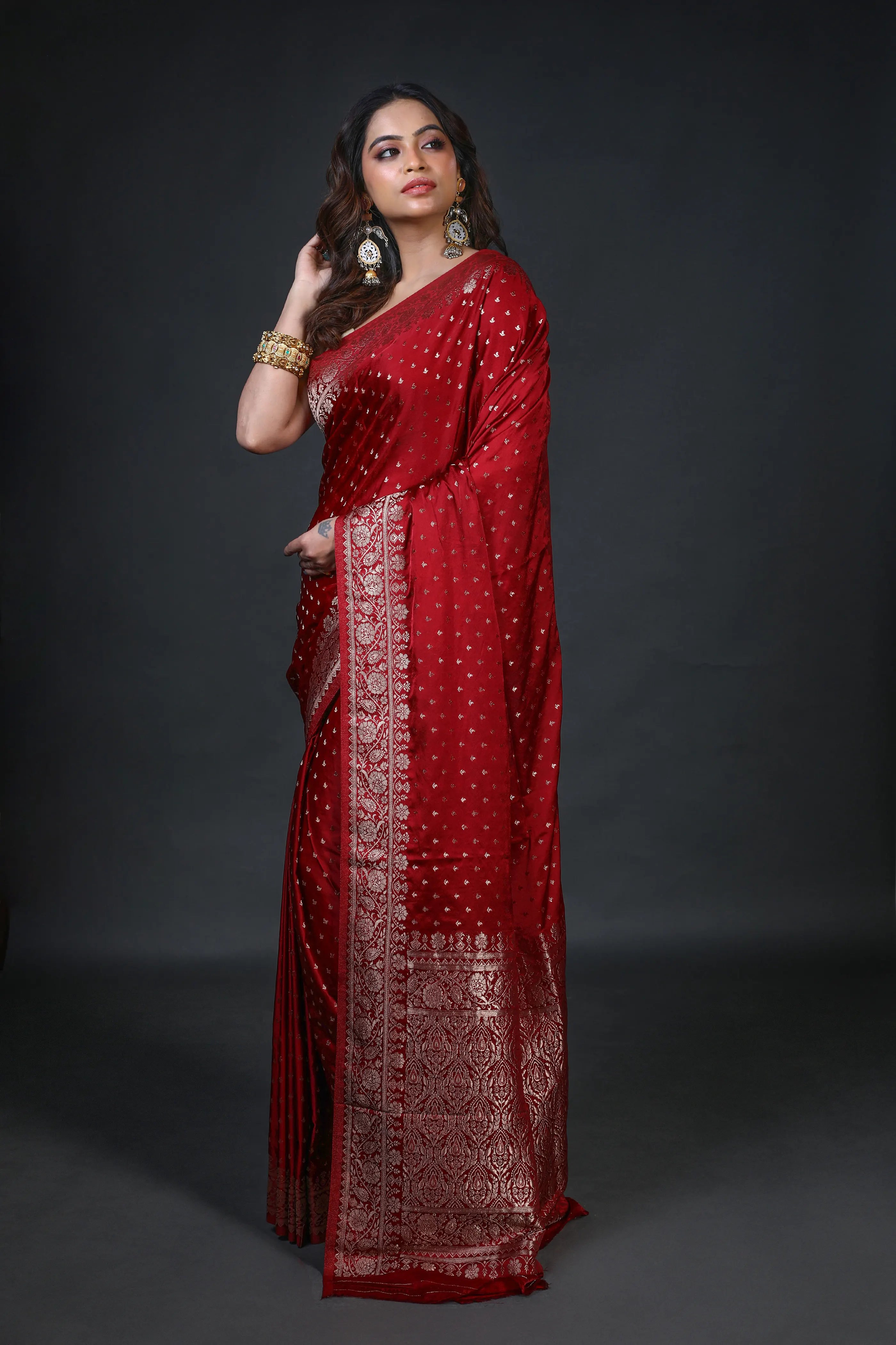 Maroon Blended Crepe Banarasi Saree With Blouse Piece