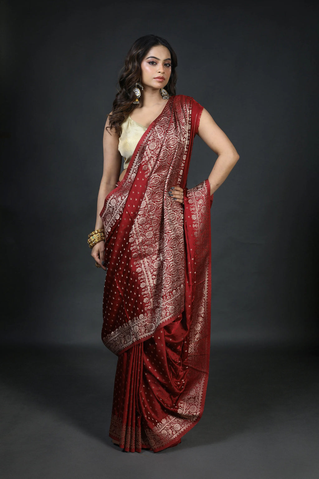 Maroon Blended Crepe Banarasi Saree With Blouse Piece