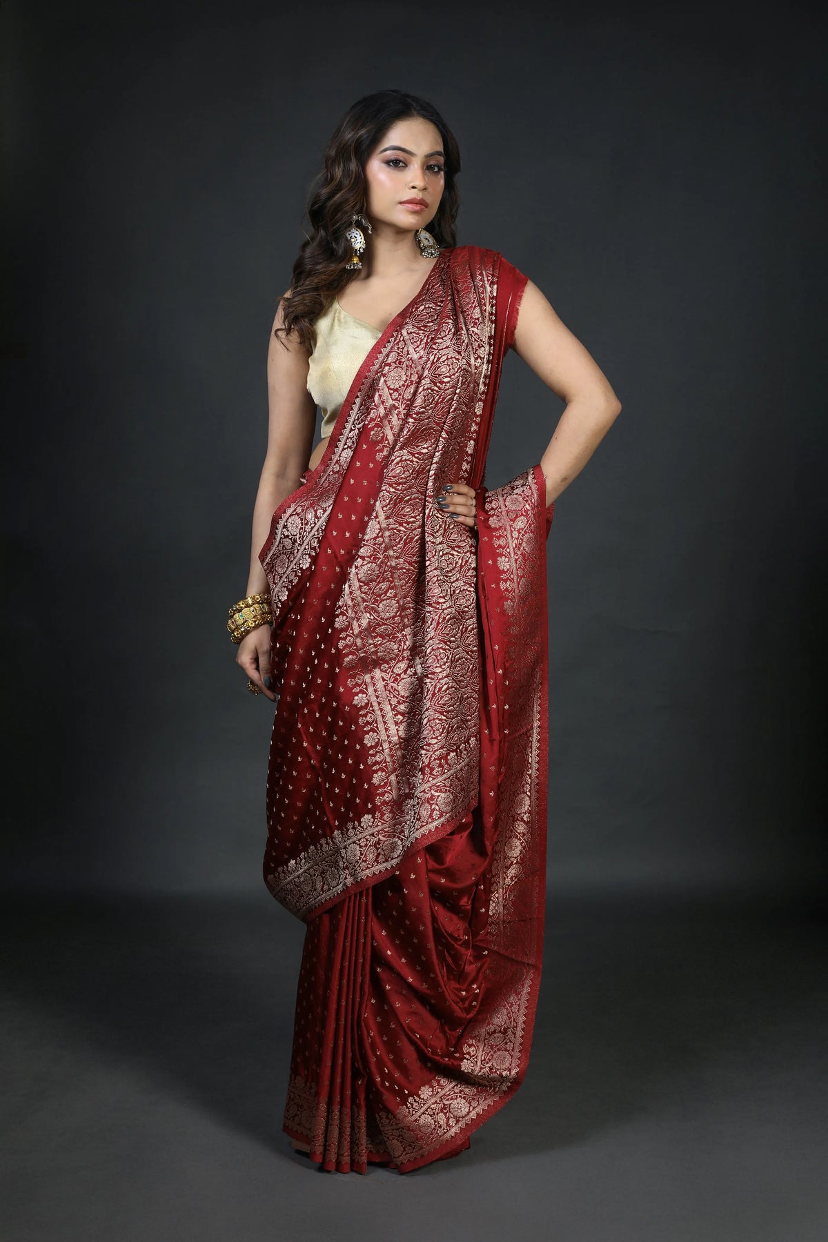 Maroon Blended Crepe Banarasi Saree With Blouse Piece