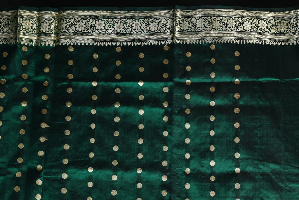 Bottle Green Katan Banarasi Saree With Blouse Piece
