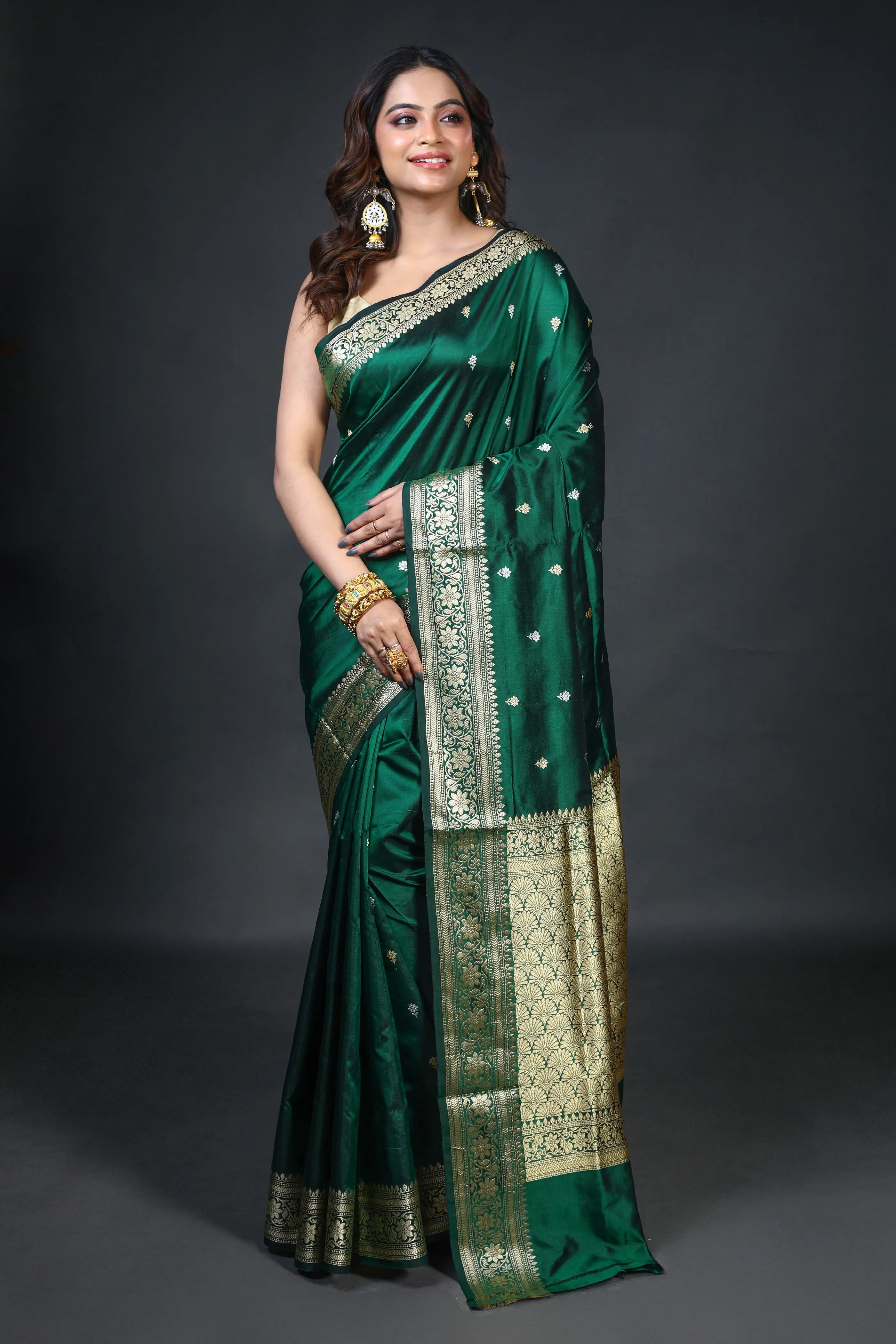 Bottle Green Katan Banarasi Saree With Blouse Piece