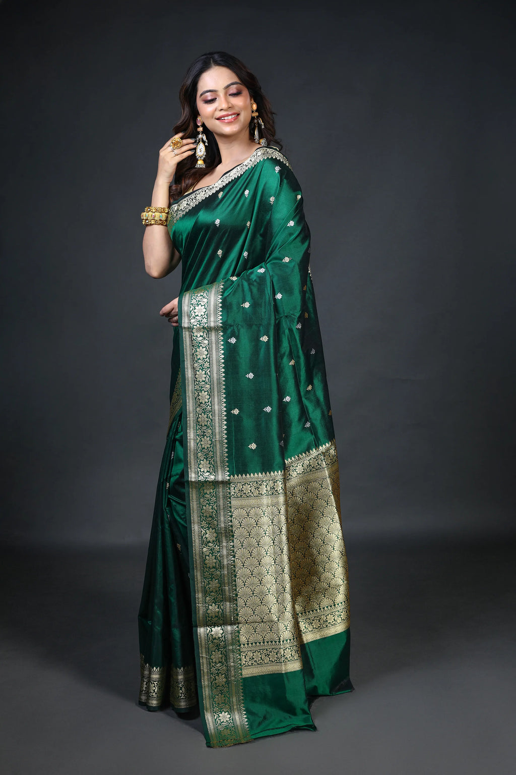 Bottle Green Katan Banarasi Saree With Blouse Piece