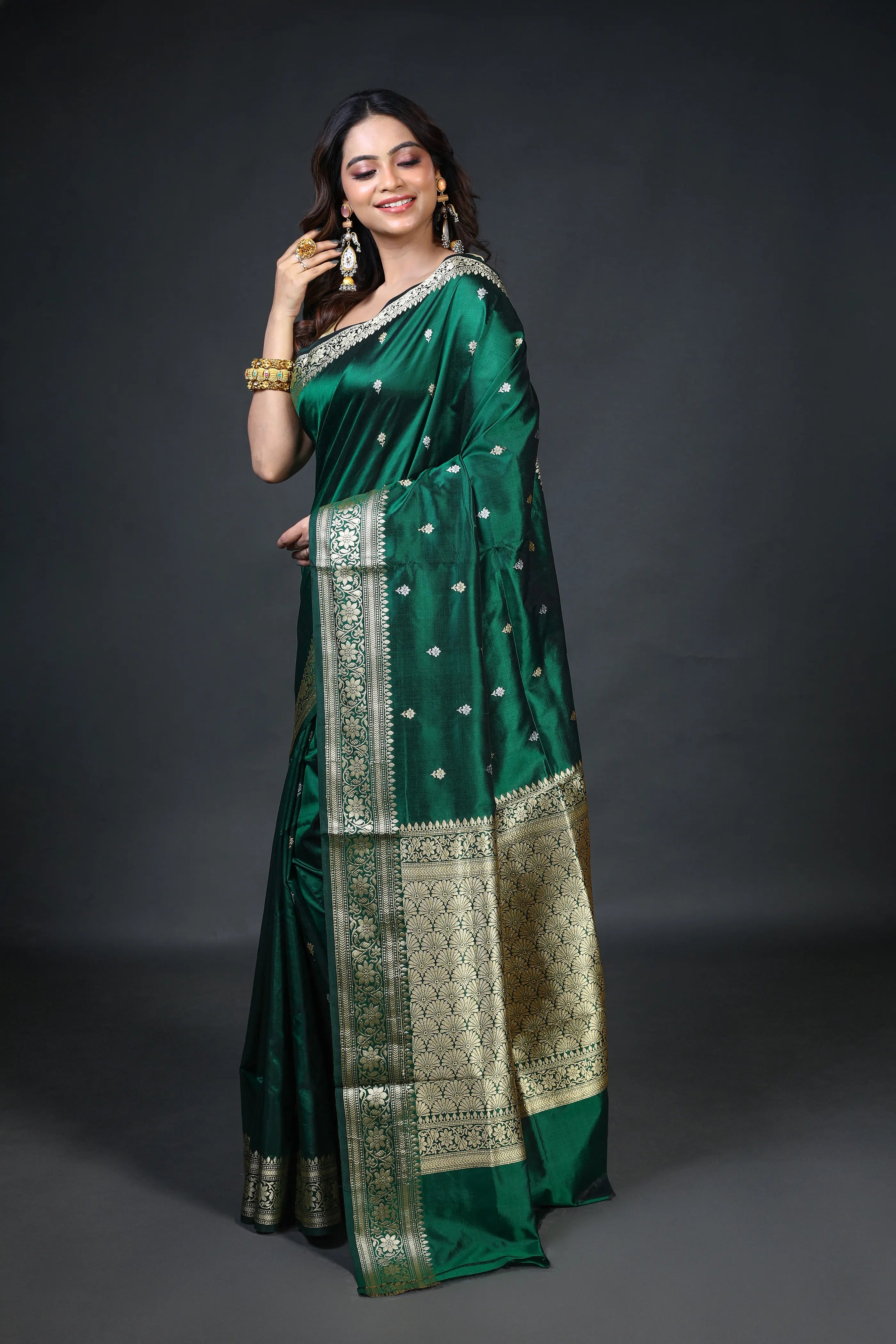 Bottle Green Katan Banarasi Saree With Blouse Piece