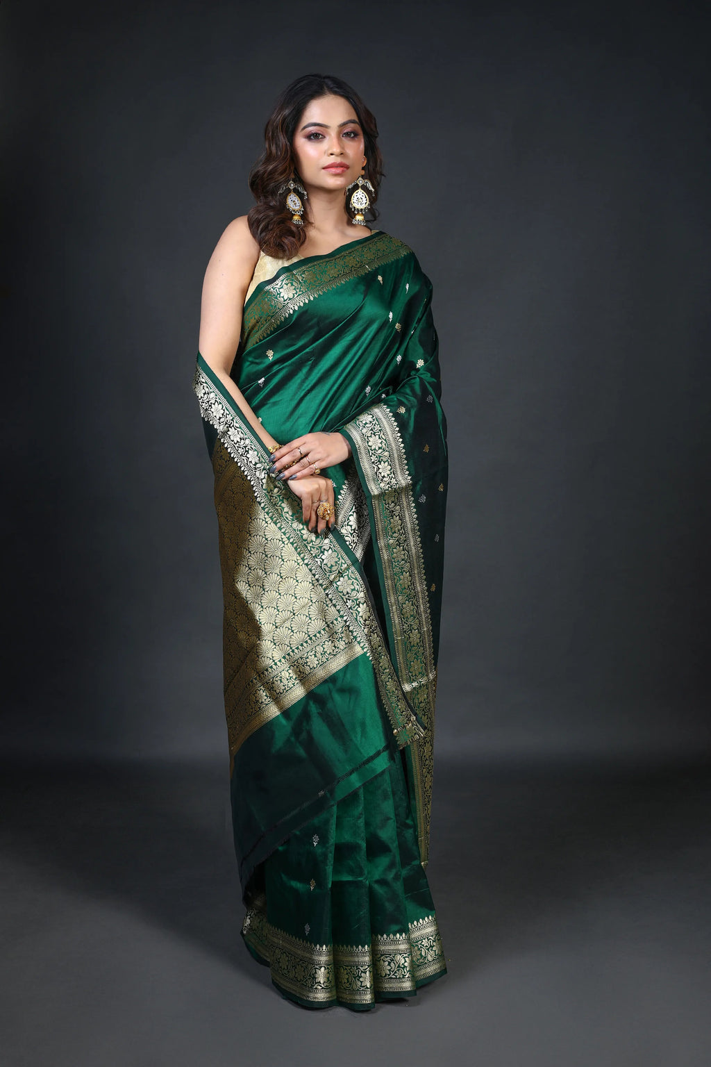 Bottle Green Katan Banarasi Saree With Blouse Piece