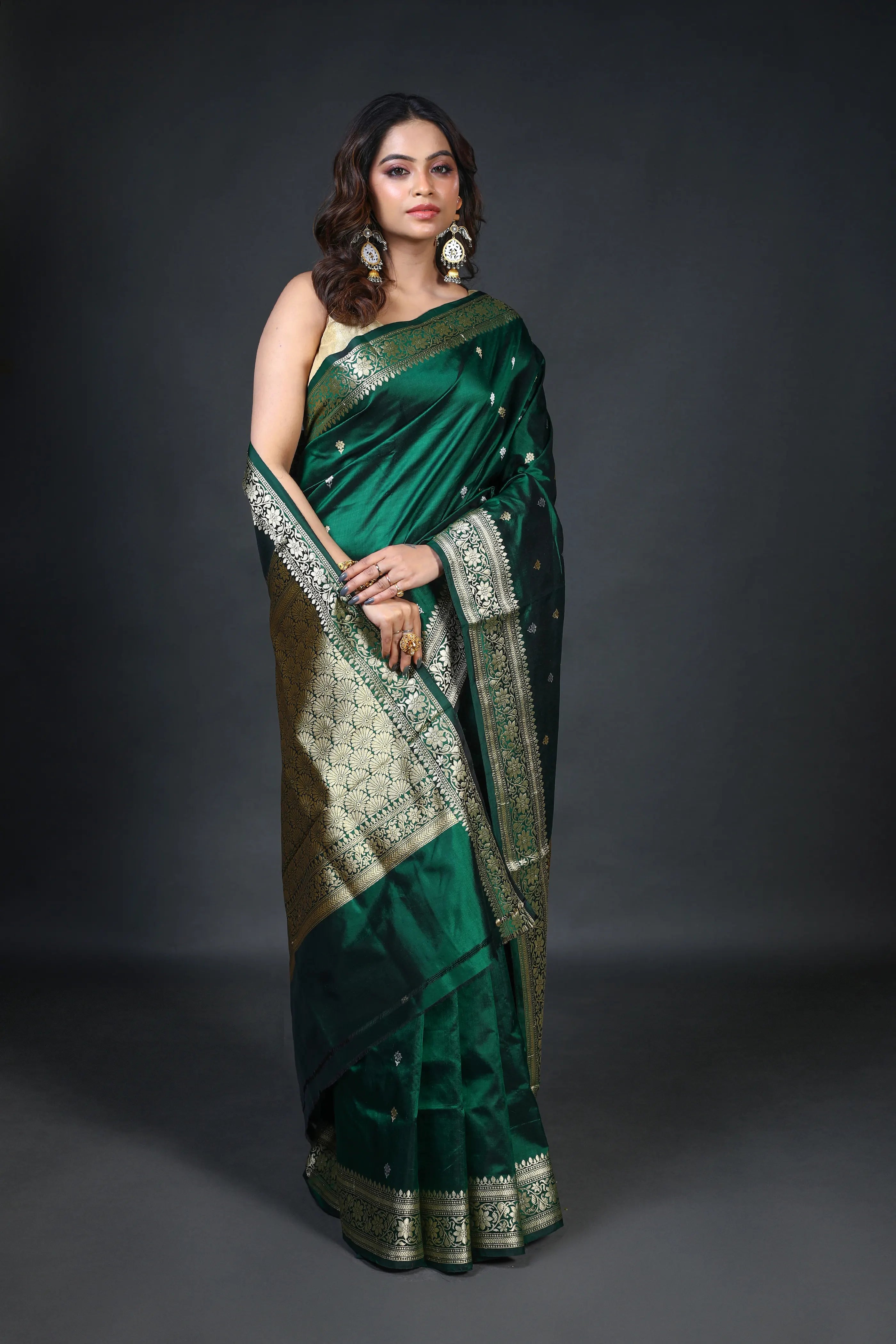 Bottle Green Katan Banarasi Saree With Blouse Piece