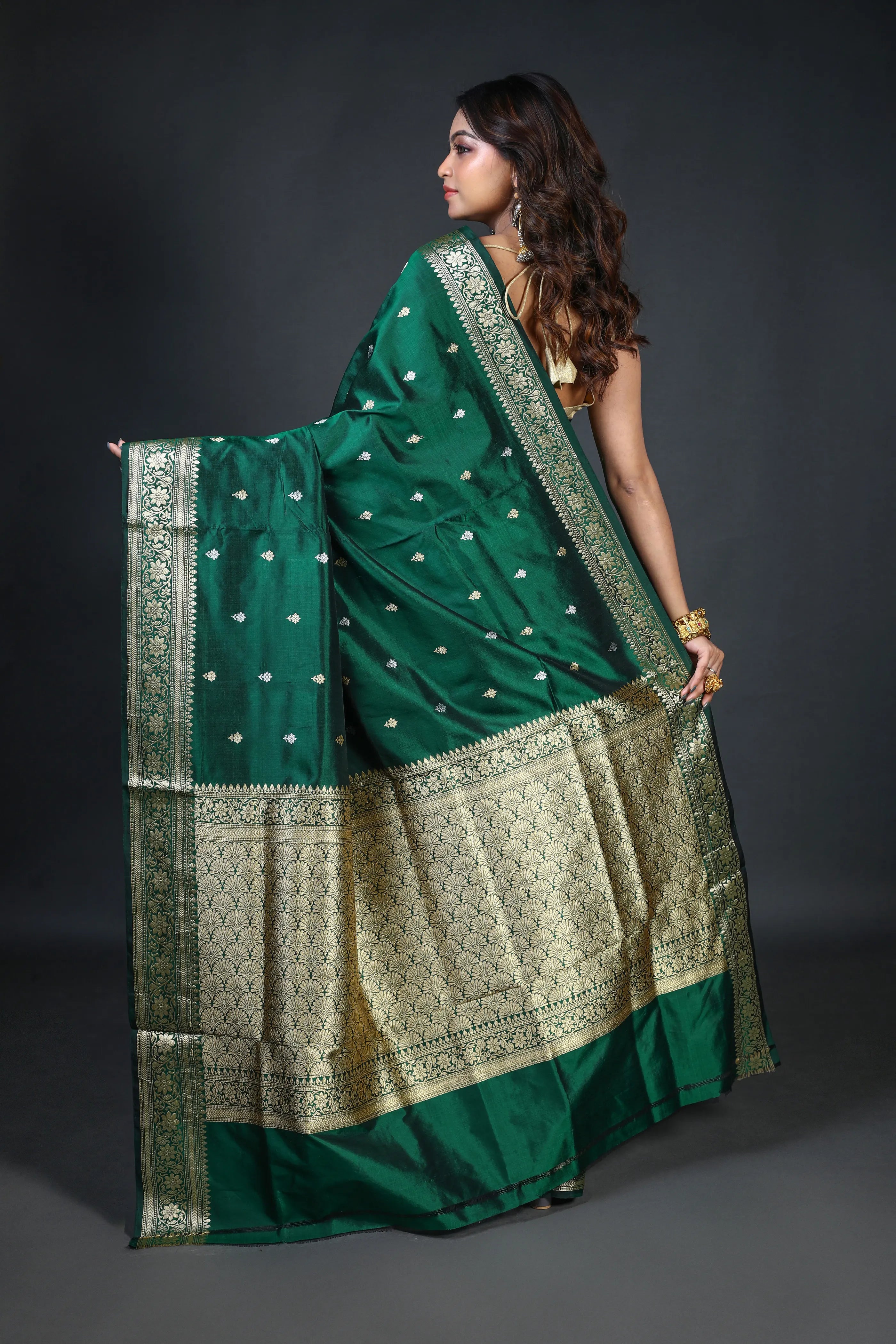Bottle Green Katan Banarasi Saree With Blouse Piece