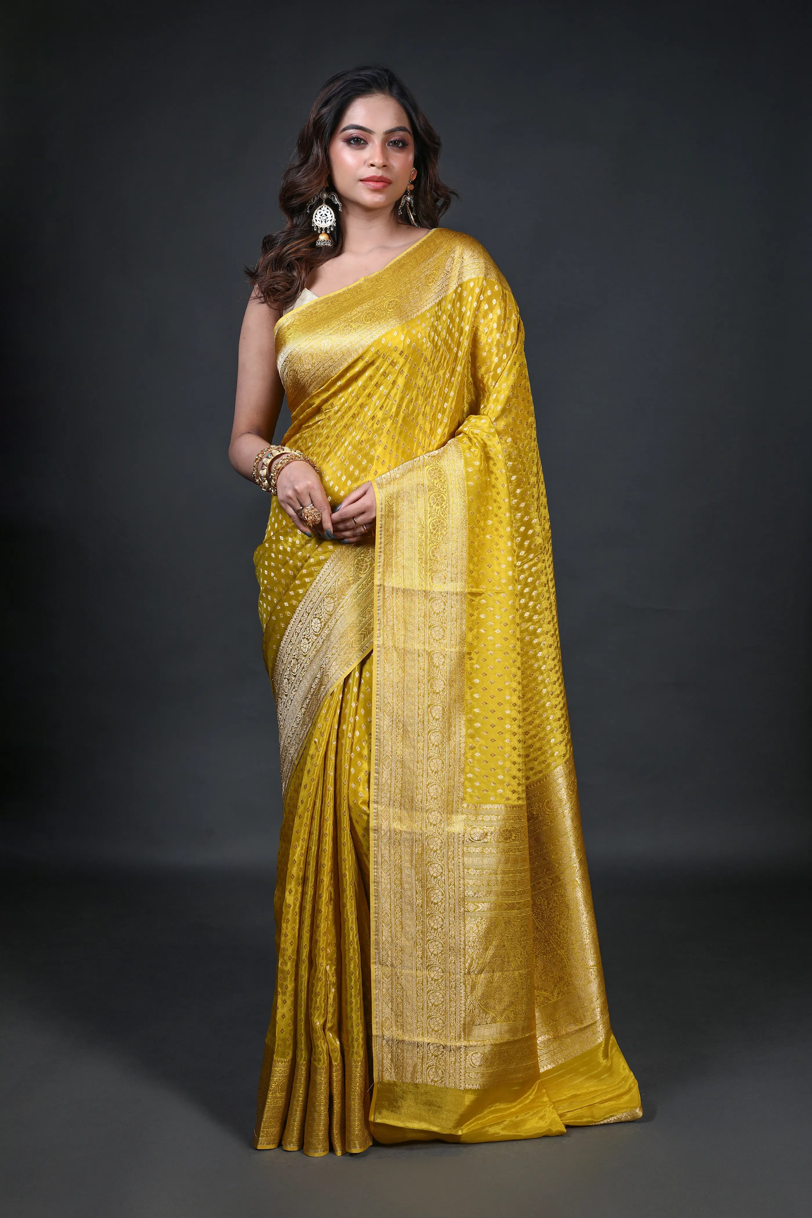 Solid Yellow Semi Mashru Banarasi Saree With Blouse Piece