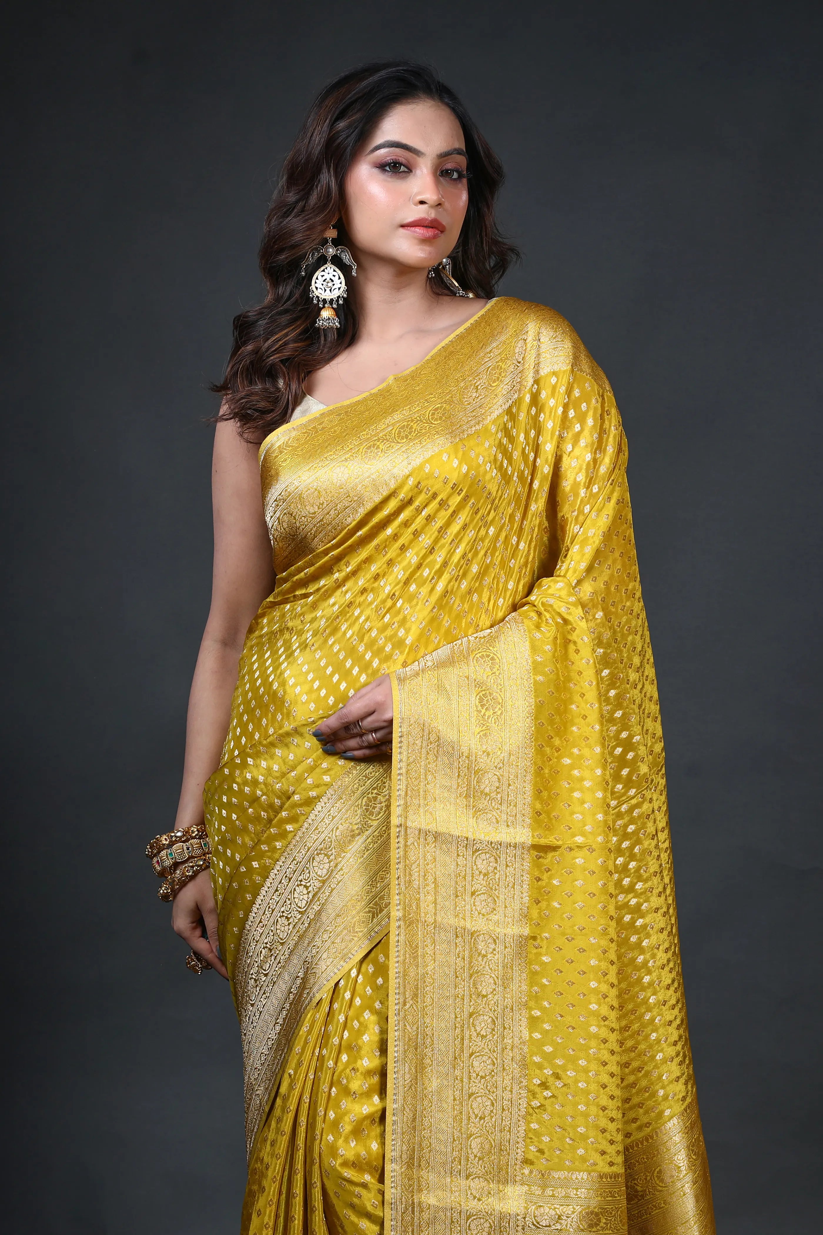 Solid Yellow Semi Mashru Banarasi Saree With Blouse Piece