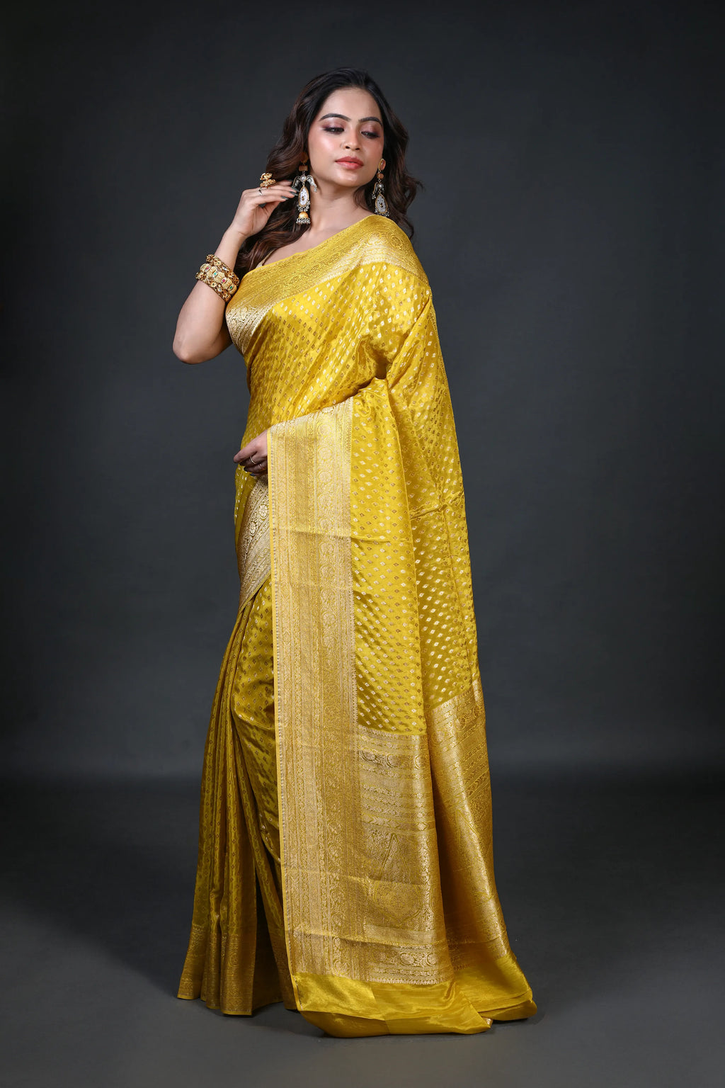 Solid Yellow Semi Mashru Banarasi Saree With Blouse Piece