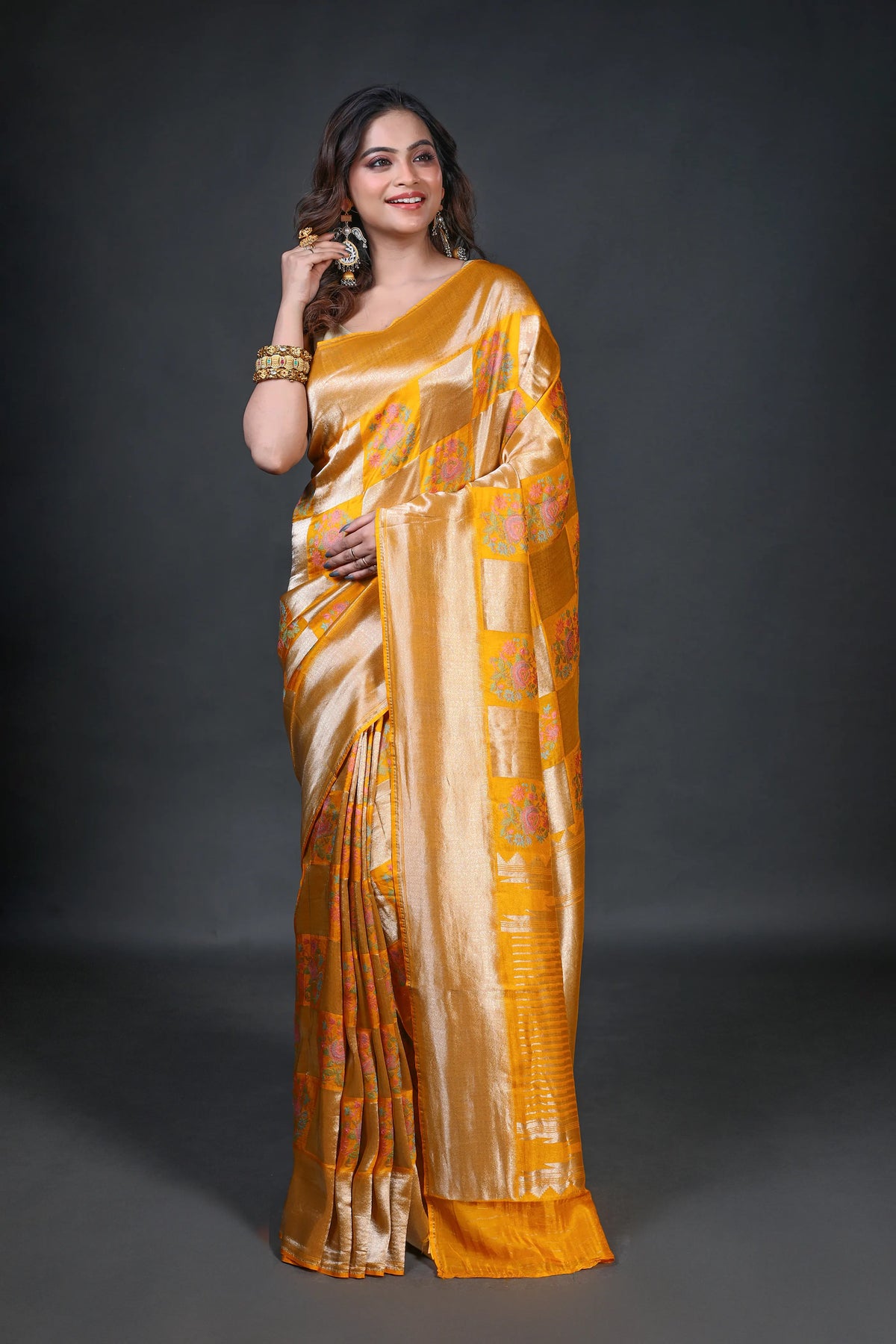 Mango Yellow Semi Mashru Banarasi Saree With Blouse Piece