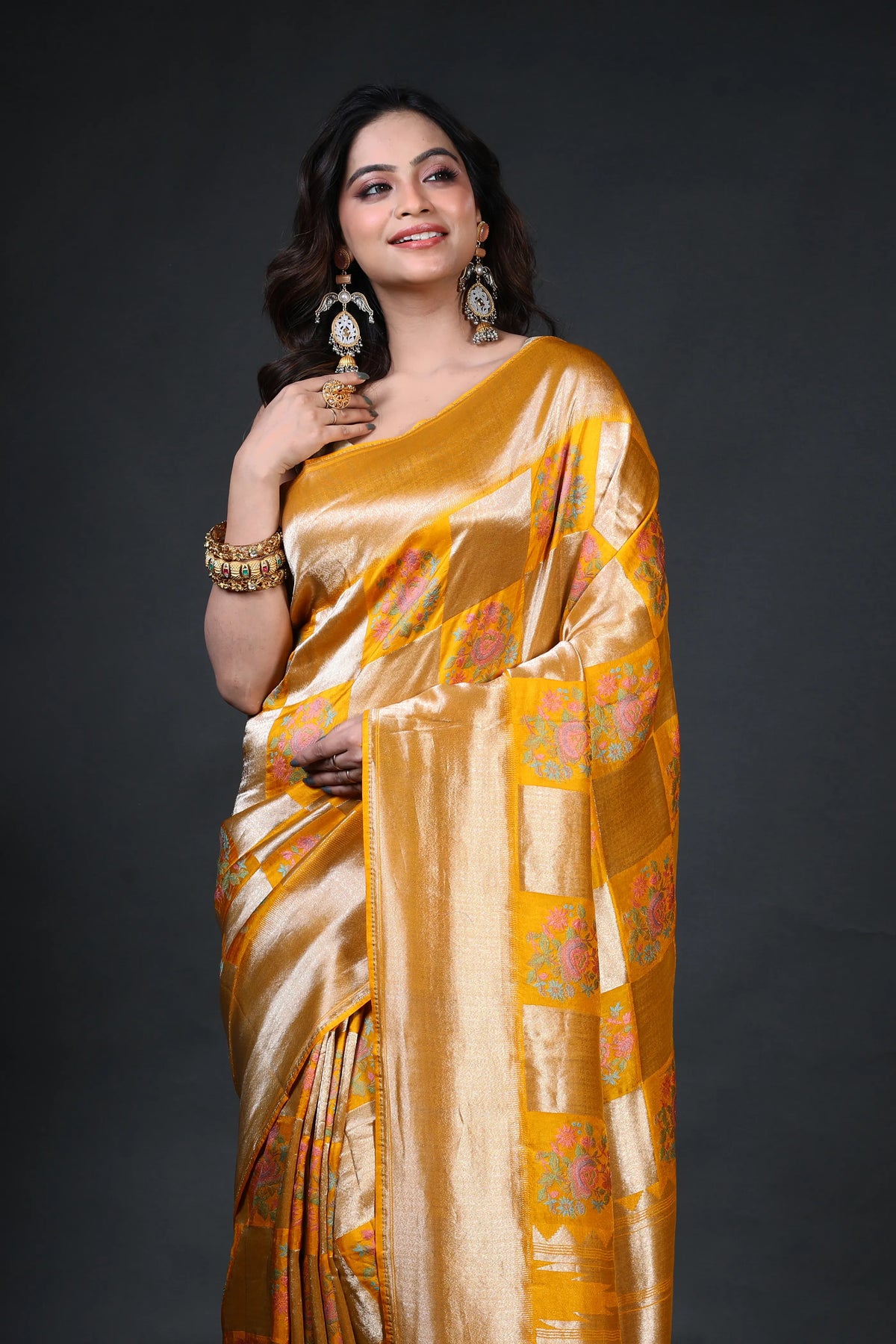 Mango Yellow Semi Mashru Banarasi Saree With Blouse Piece