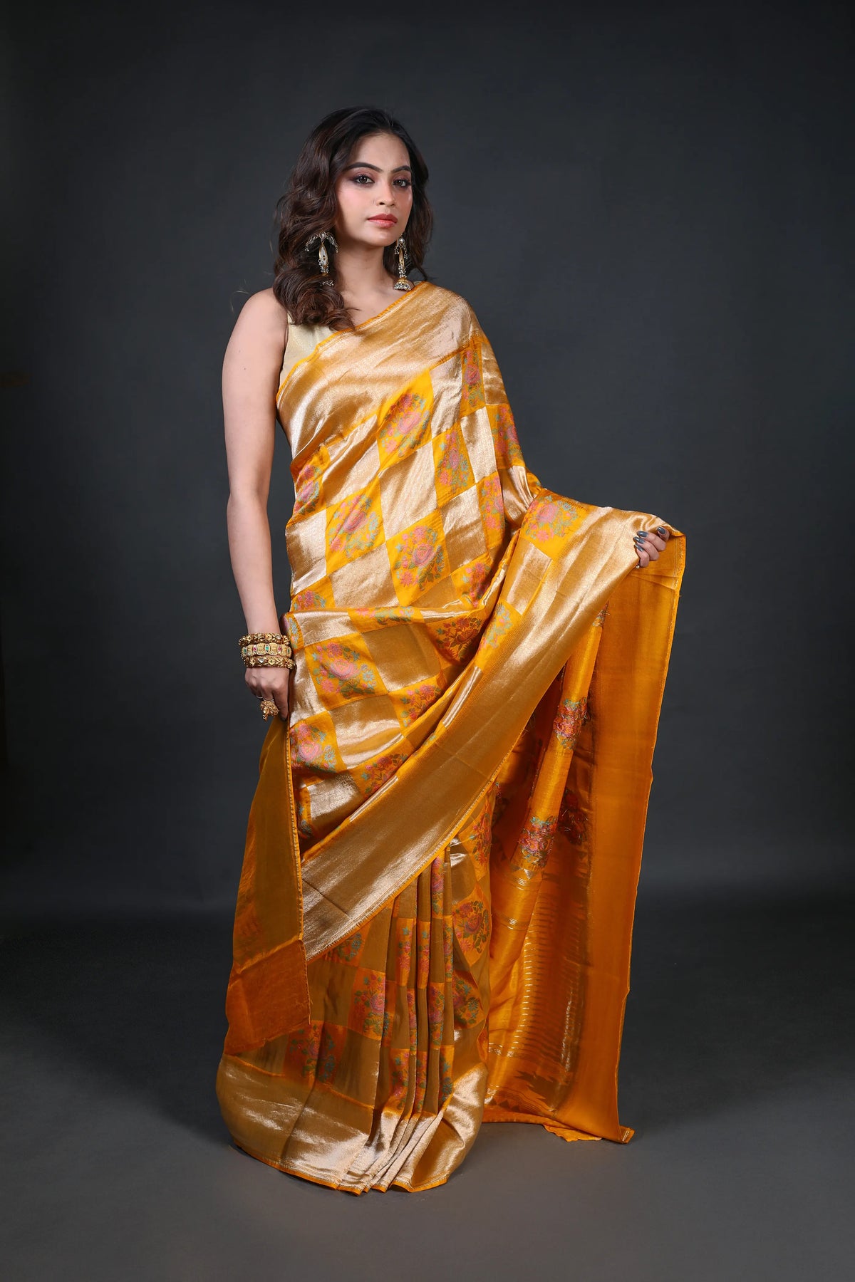 Mango Yellow Semi Mashru Banarasi Saree With Blouse Piece