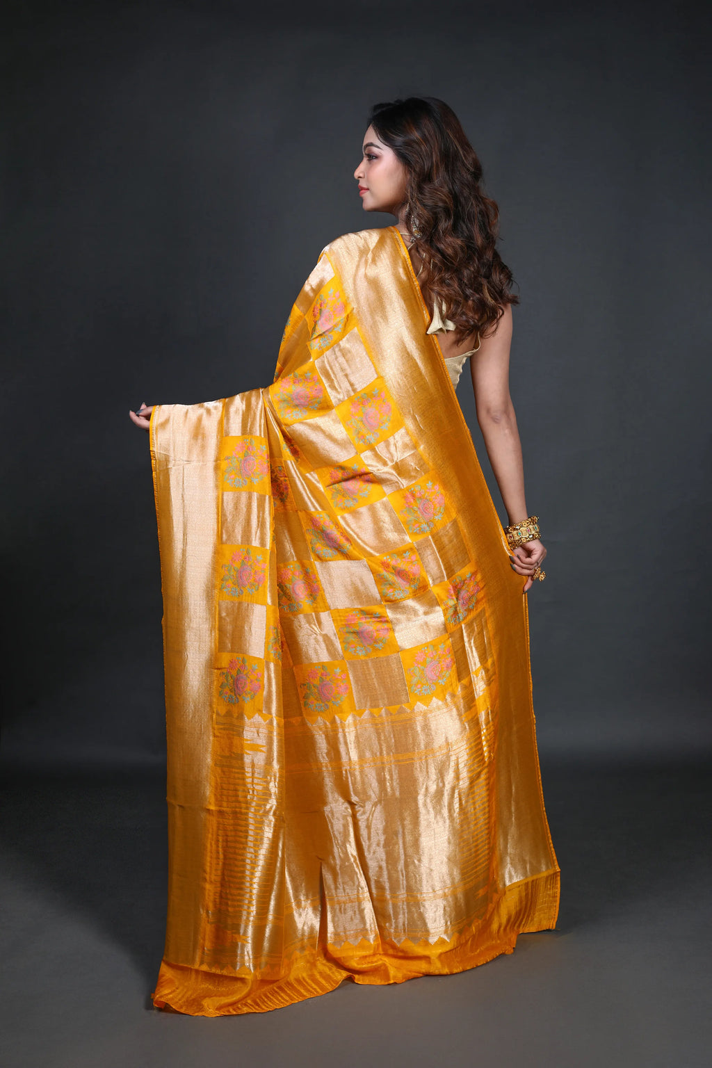 Mango Yellow Semi Mashru Banarasi Saree With Blouse Piece