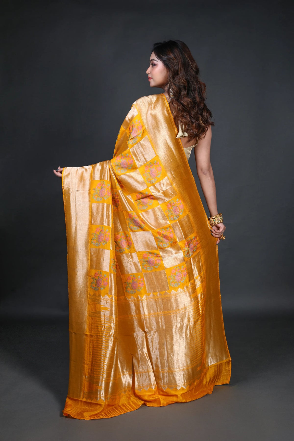 Mango Yellow Semi Mashru Banarasi Saree With Blouse Piece