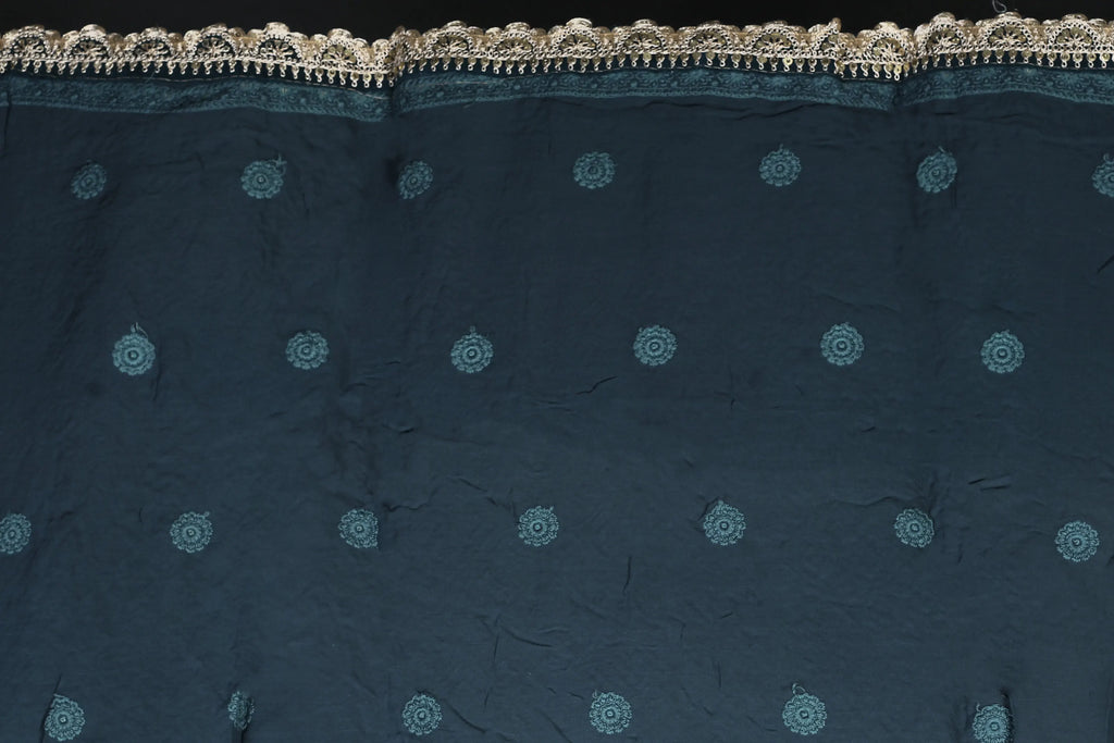 Petrol Blue Chiffon Luckhnowi Chikan Saree With Blouse Piece