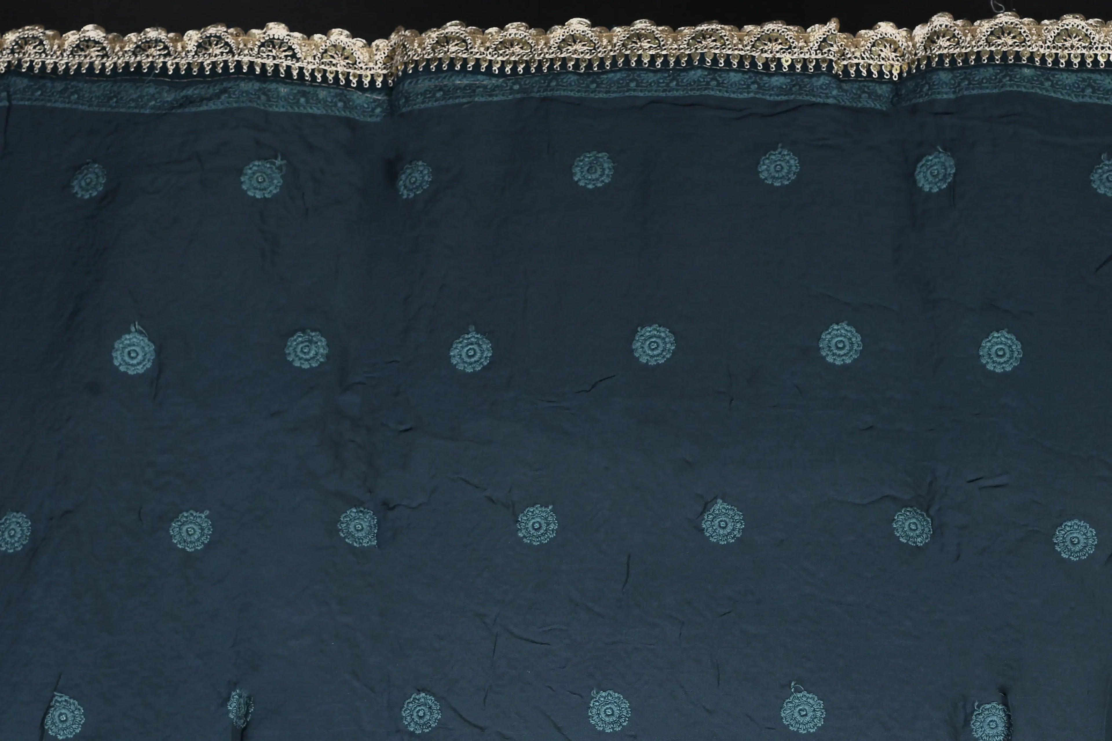 Petrol Blue Chiffon Luckhnowi Chikan Saree With Blouse Piece