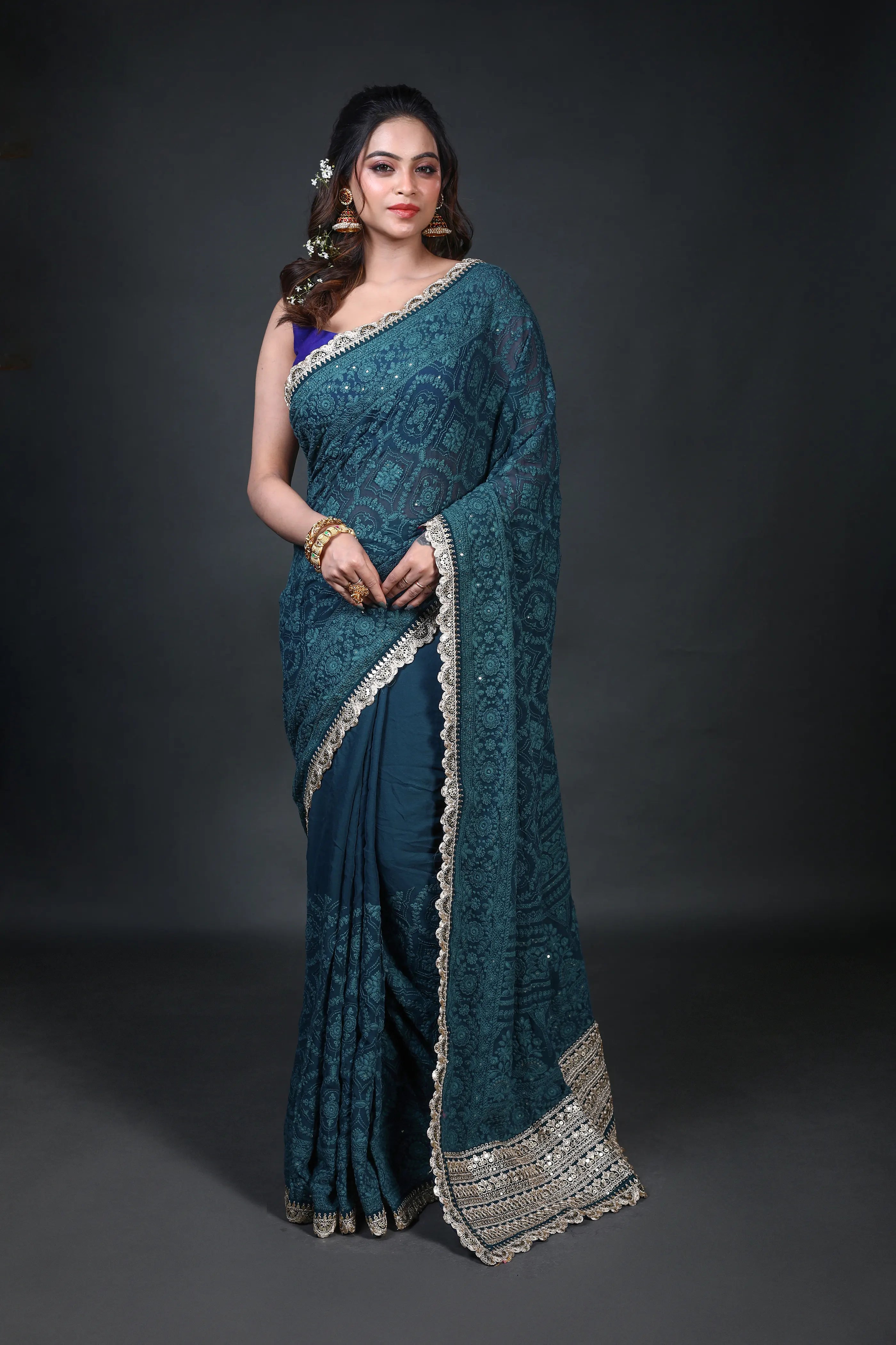 Petrol Blue Chiffon Luckhnowi Chikan Saree With Blouse Piece