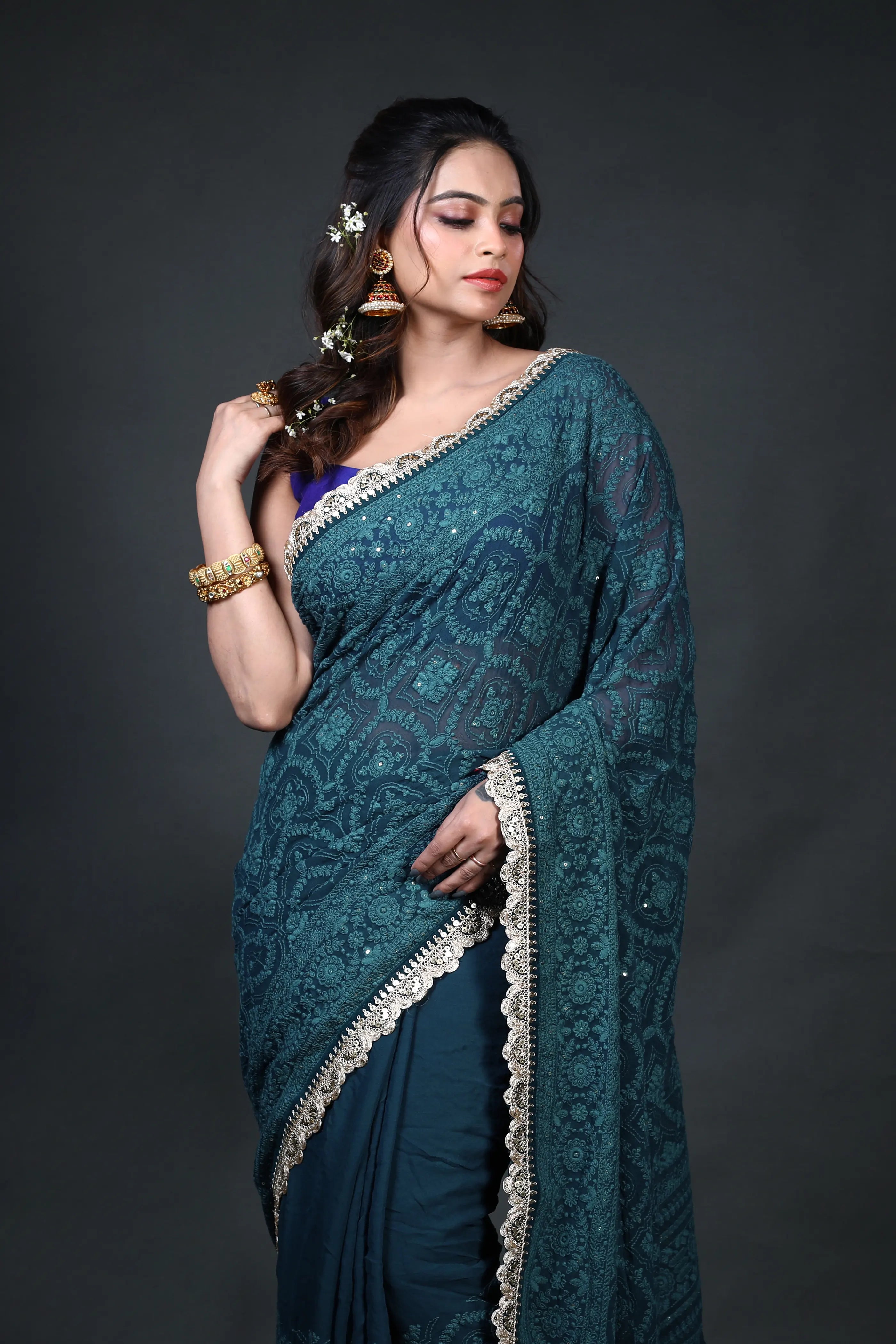 Petrol Blue Chiffon Luckhnowi Chikan Saree With Blouse Piece