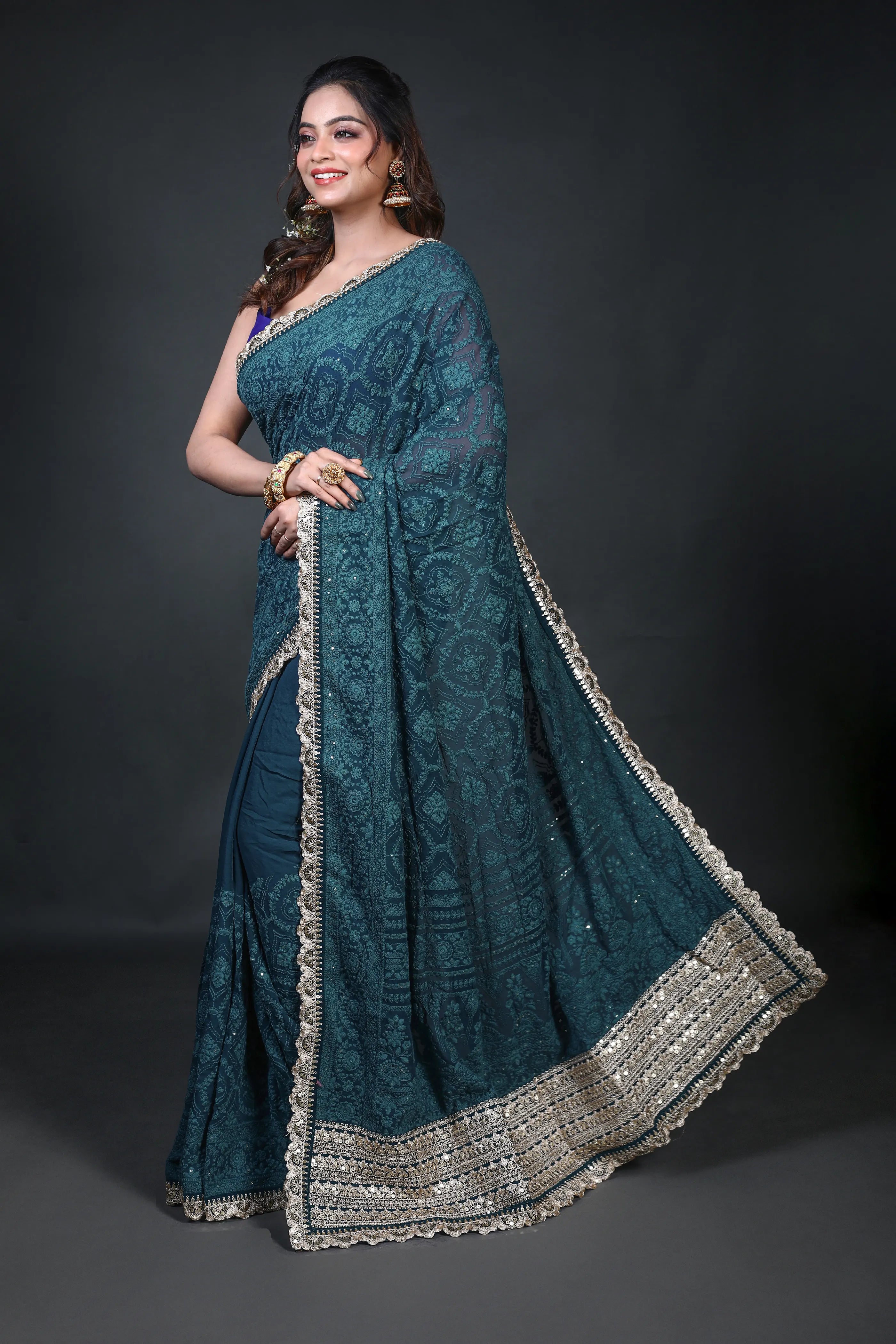 Petrol Blue Chiffon Luckhnowi Chikan Saree With Blouse Piece
