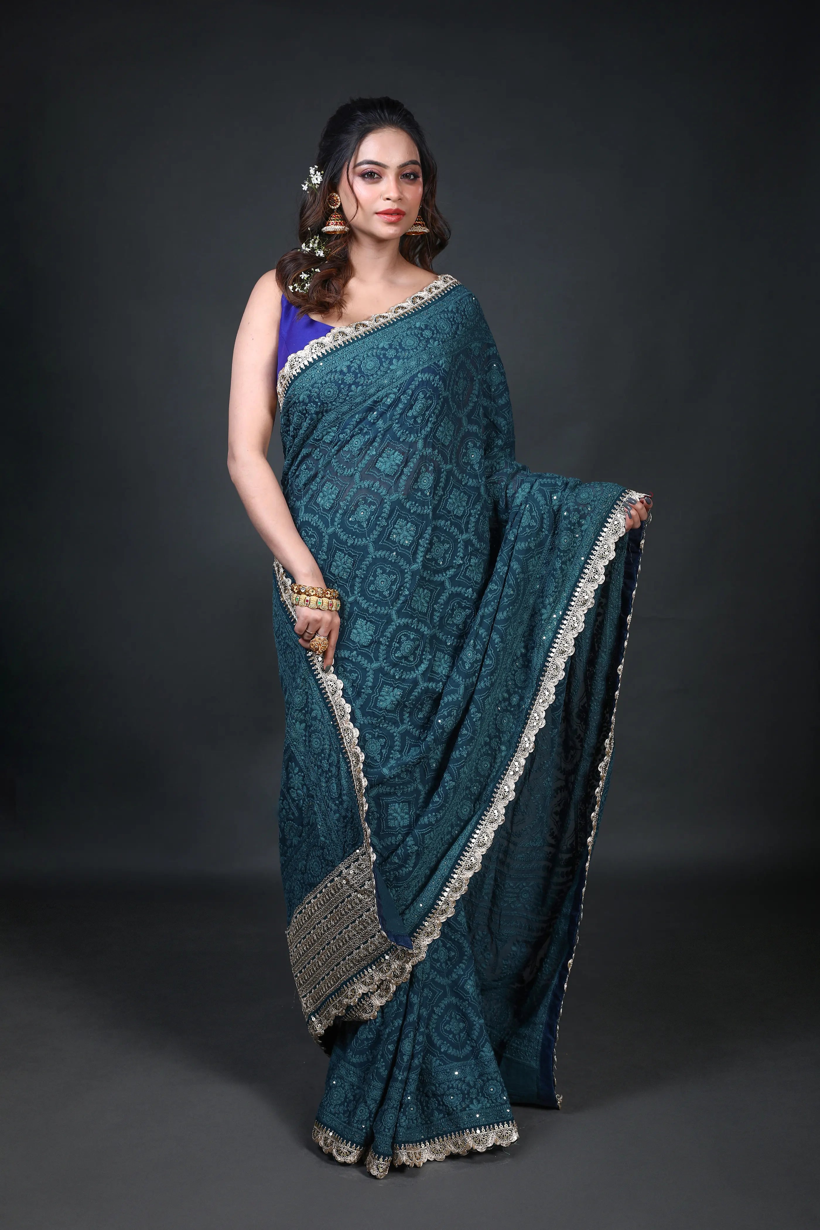 Petrol Blue Chiffon Luckhnowi Chikan Saree With Blouse Piece
