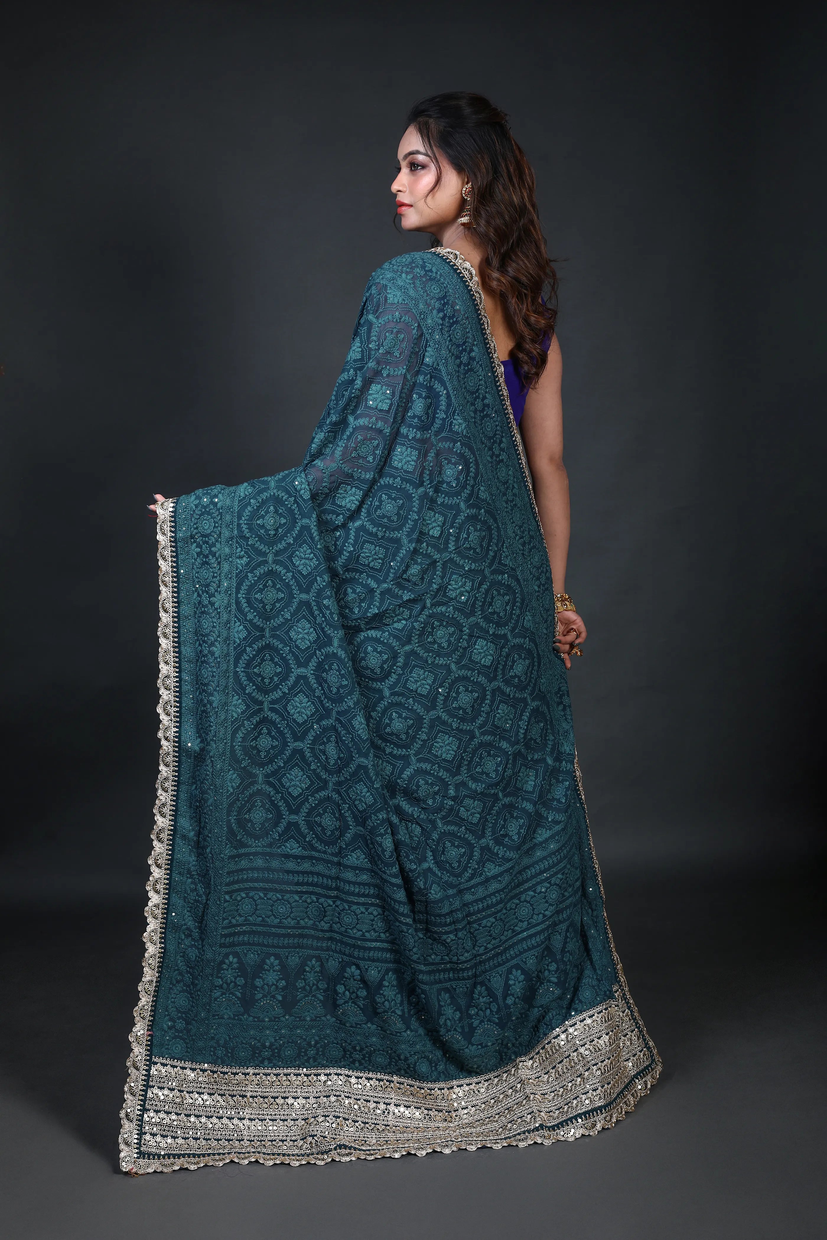 Petrol Blue Chiffon Luckhnowi Chikan Saree With Blouse Piece