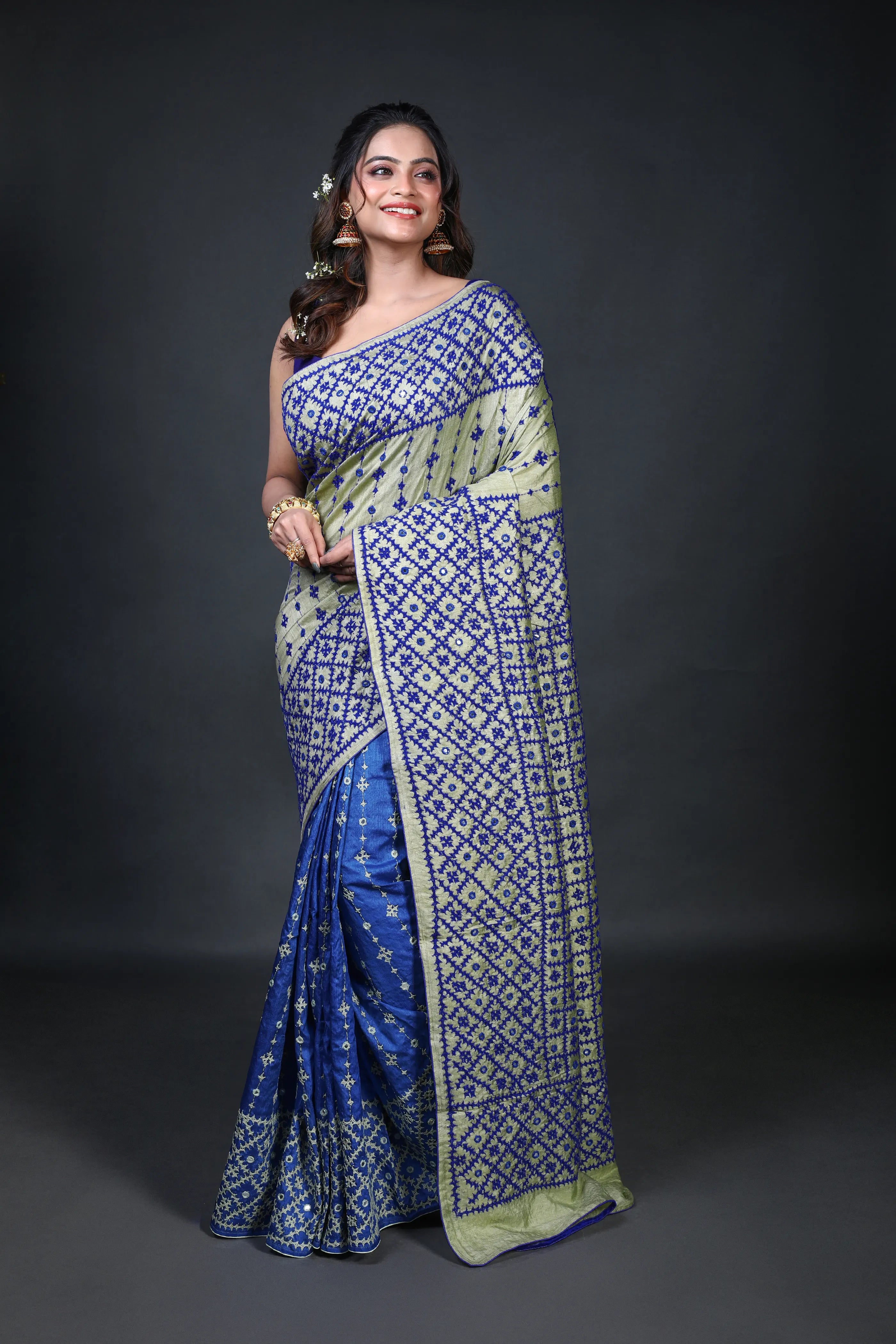 Blue Pista Tussar Gujarati Saree With Blouse Piece