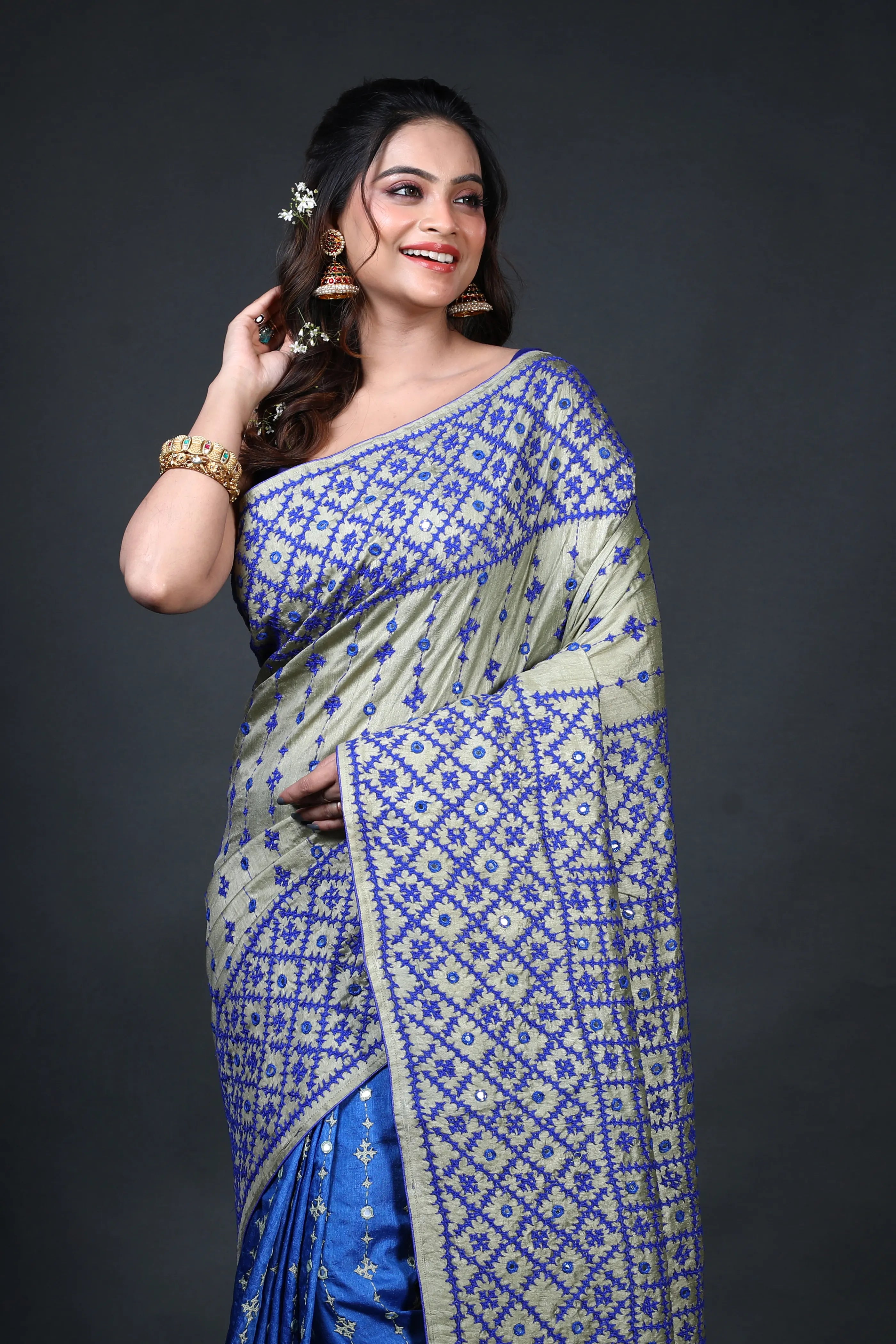 Blue Pista Tussar Gujarati Saree With Blouse Piece