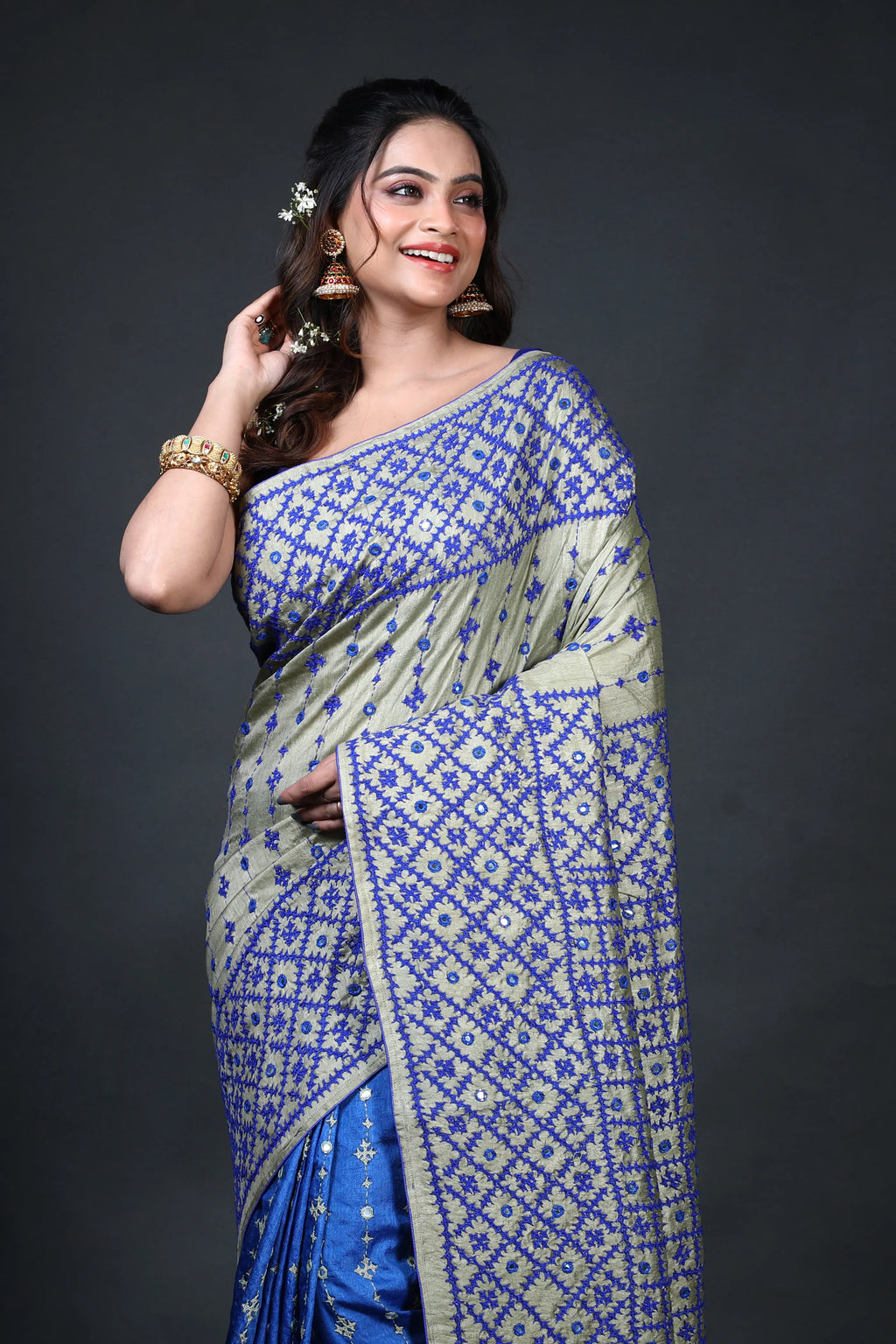 Blue Pista Tussar Gujarati Saree With Blouse Piece