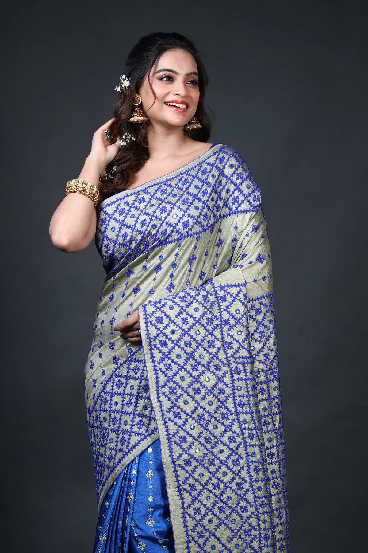 Blue Pista Tussar Gujarati Saree With Blouse Piece