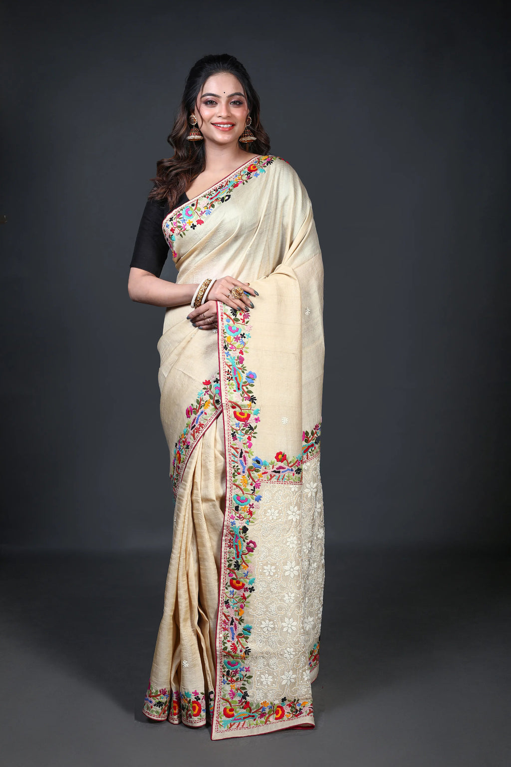 Beige Tussar Fusion With Blouse Piece