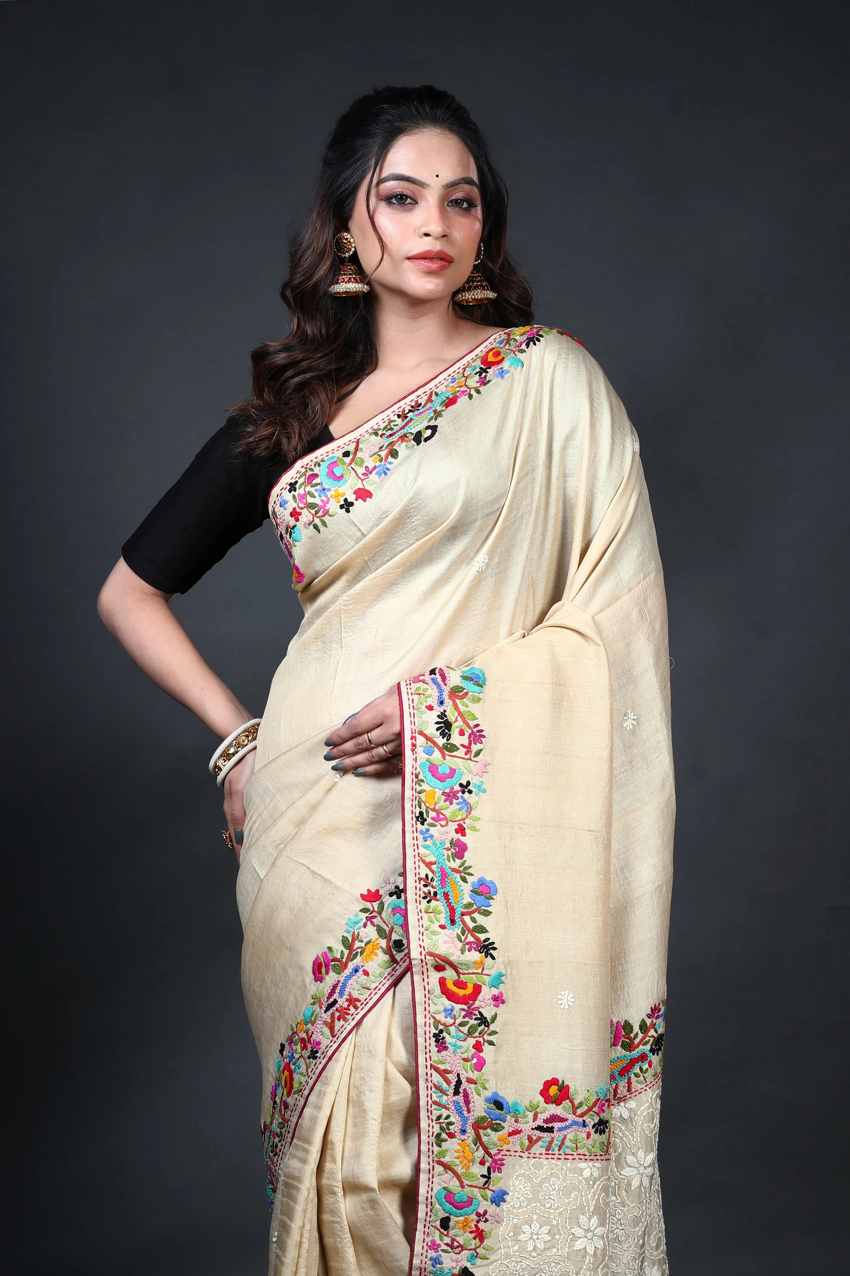 Beige Tussar Fusion With Blouse Piece