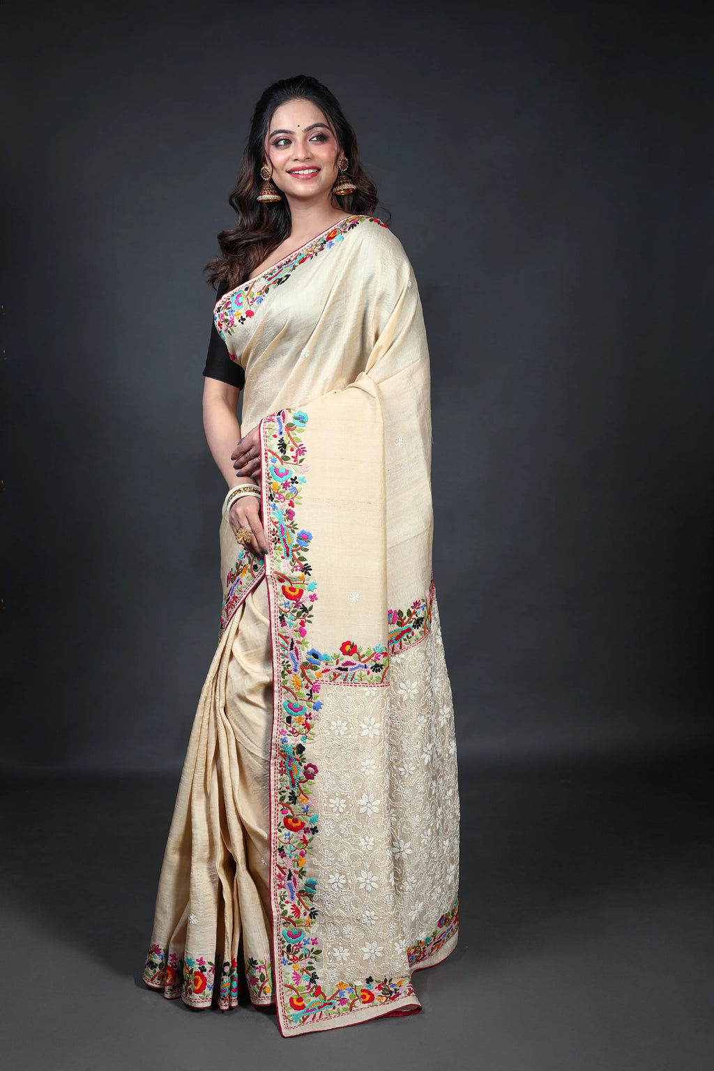 Beige Tussar Fusion With Blouse Piece