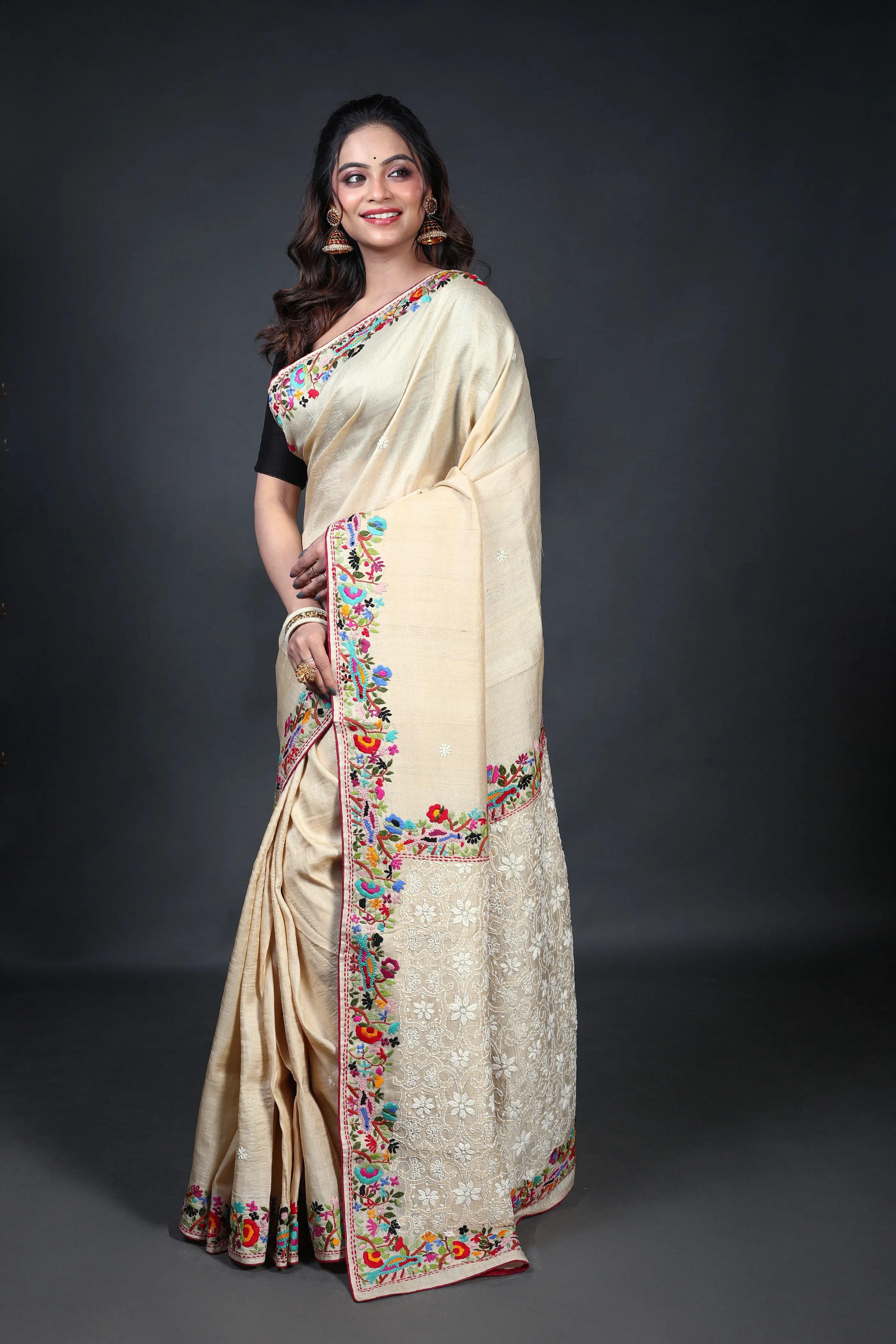 Beige Tussar Fusion With Blouse Piece
