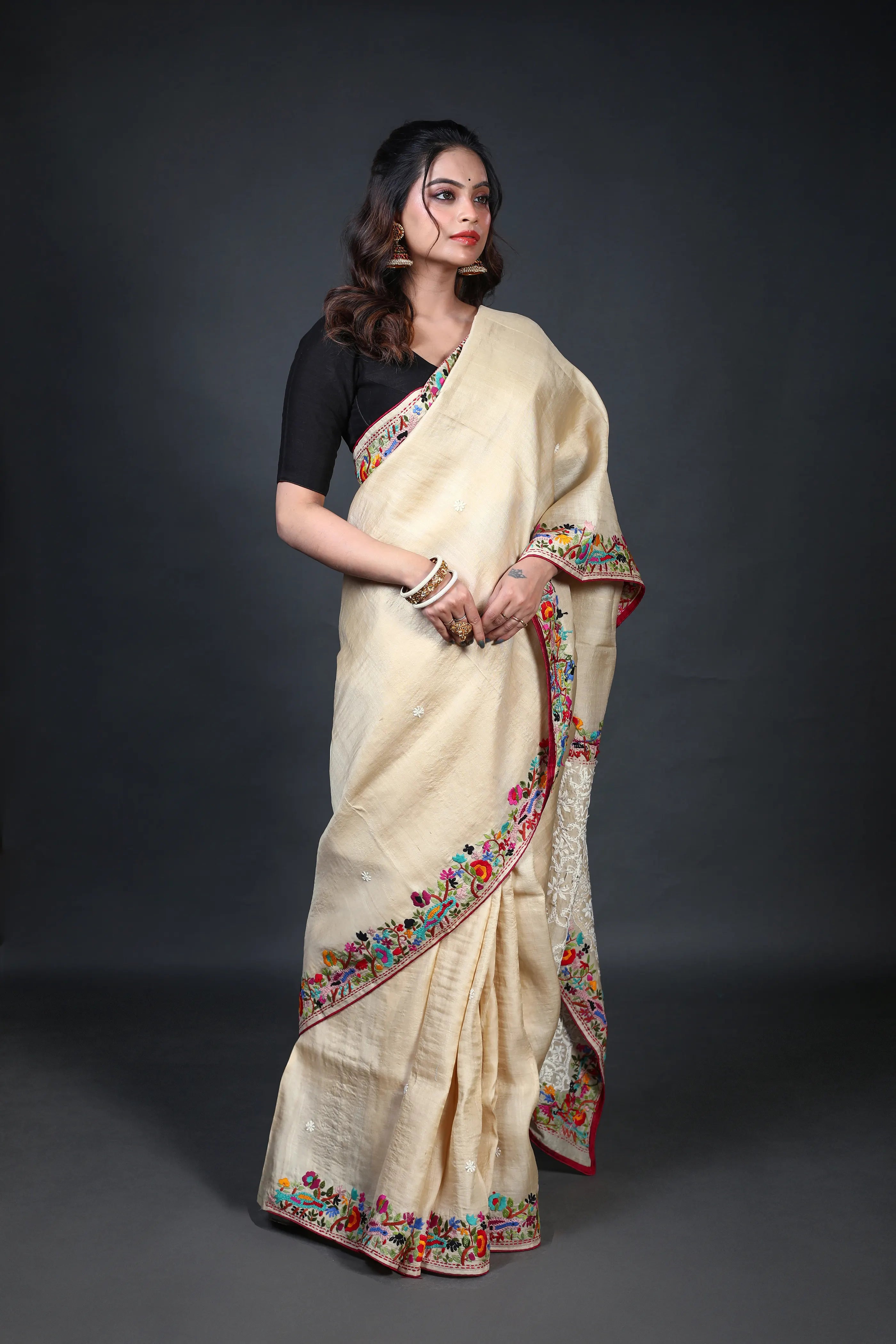 Beige Tussar Fusion With Blouse Piece