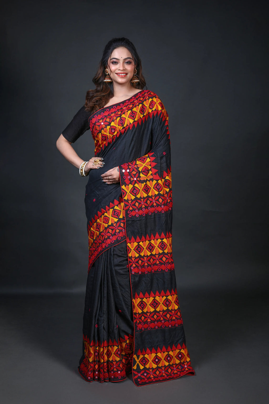 Black Tussar Kathiyawadi Saree With Blouse Piece