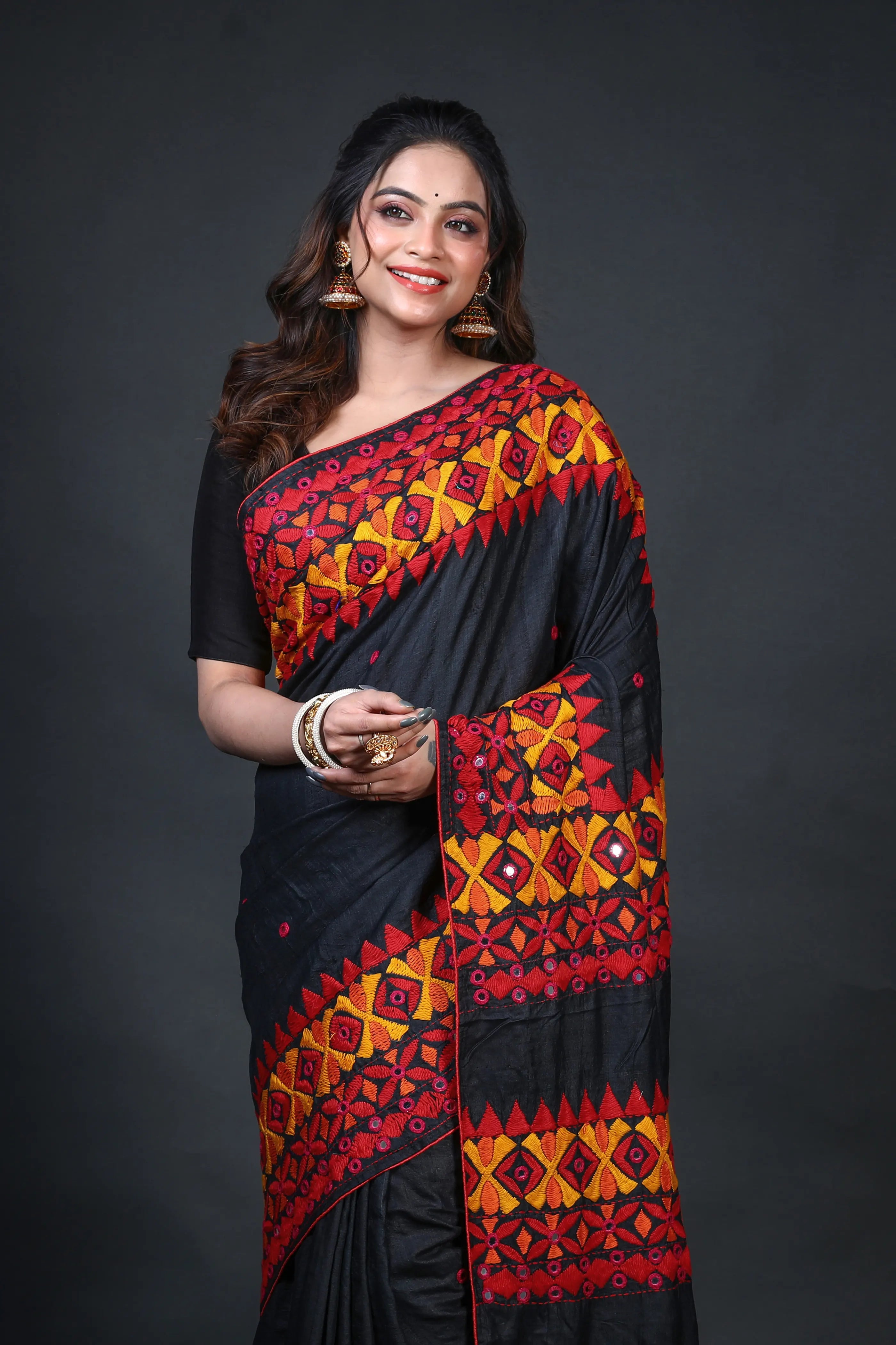 Black Tussar Kathiyawadi Saree With Blouse Piece
