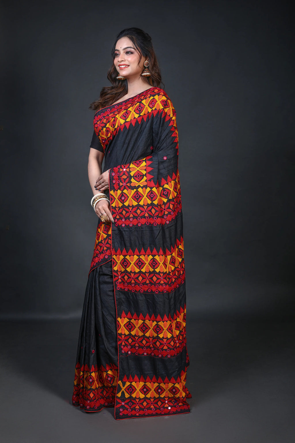 Black Tussar Kathiyawadi Saree With Blouse Piece