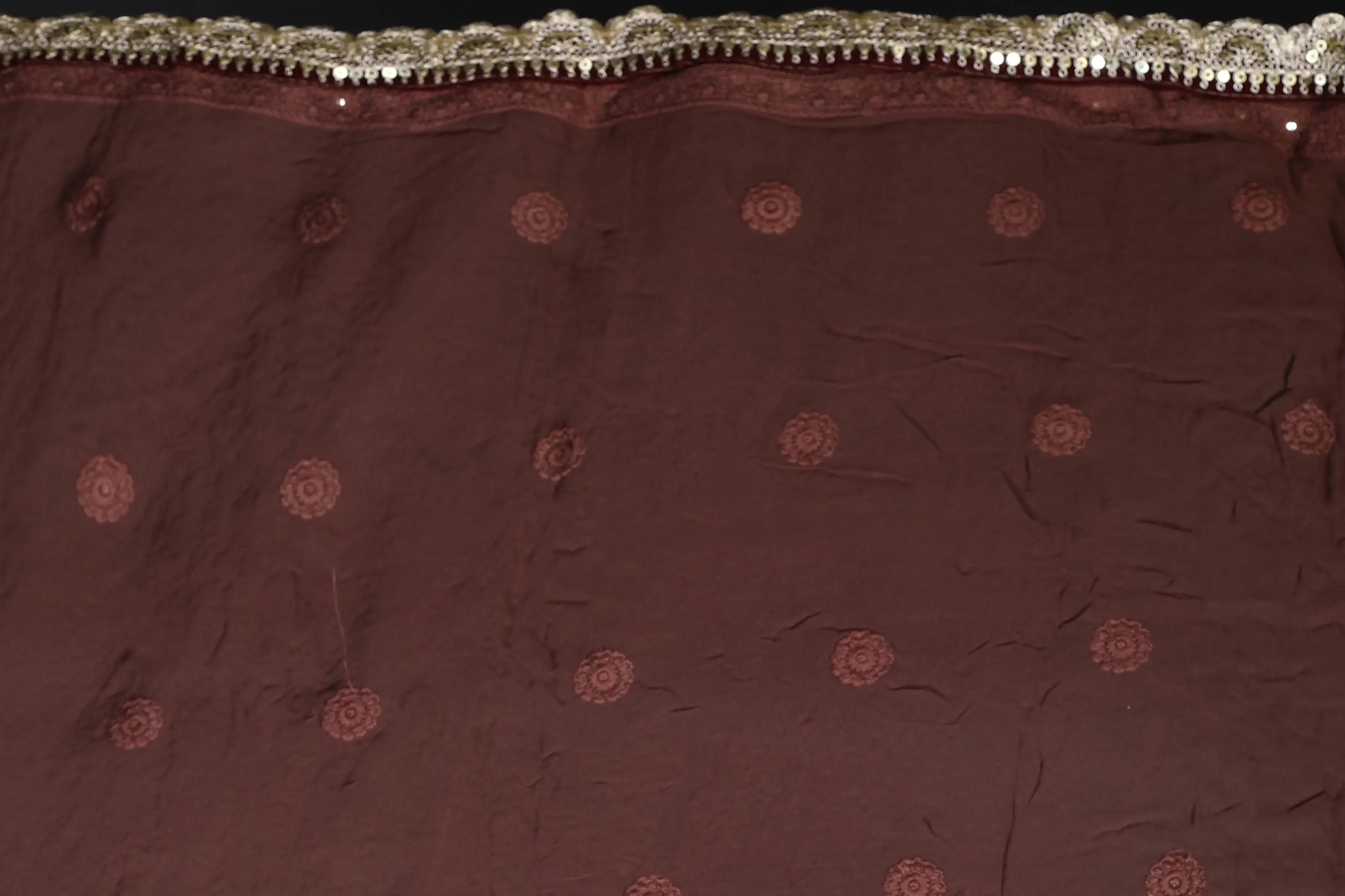 Maroonish Choclate Chiffon Luckhnowi Chikan Saree With Blouse Piece