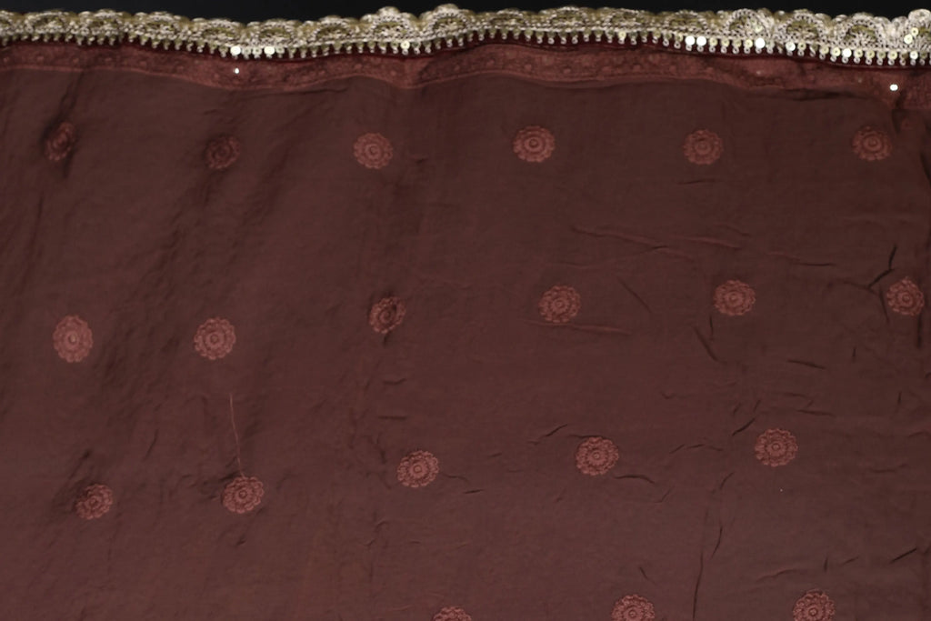 Maroonish Choclate Chiffon Luckhnowi Chikan Saree With Blouse Piece