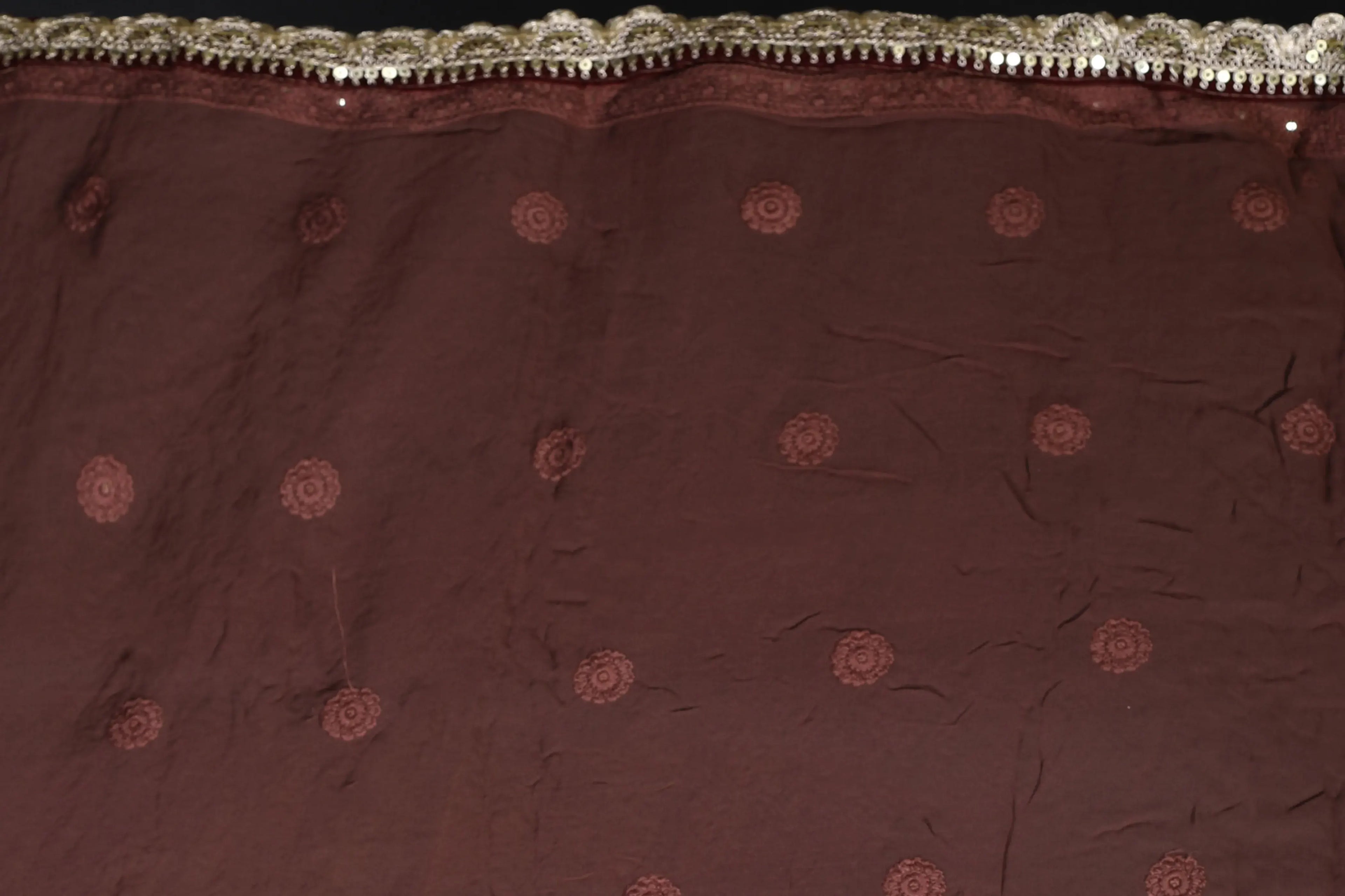 Maroonish Choclate Chiffon Luckhnowi Chikan Saree With Blouse Piece