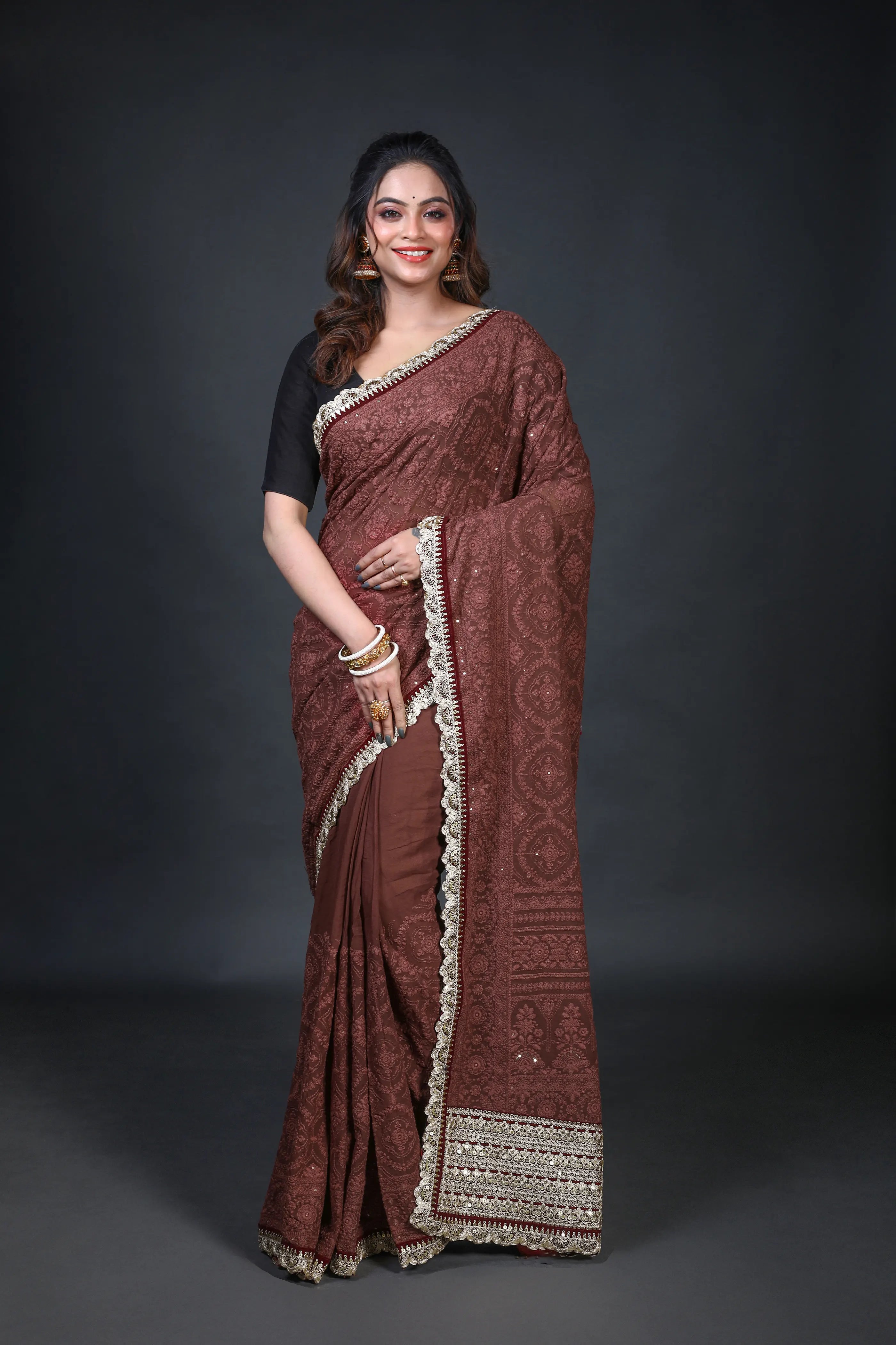 Maroonish Choclate Chiffon Luckhnowi Chikan Saree With Blouse Piece