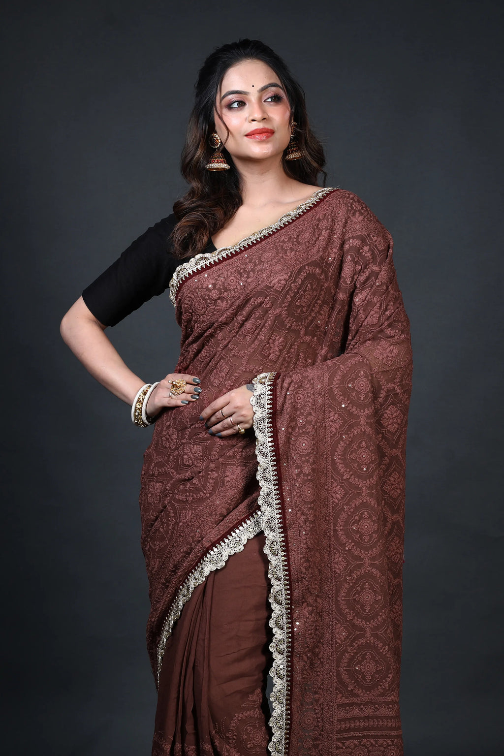 Maroonish Choclate Chiffon Luckhnowi Chikan Saree With Blouse Piece