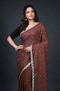 Maroonish Choclate Chiffon Luckhnowi Chikan Saree With Blouse Piece
