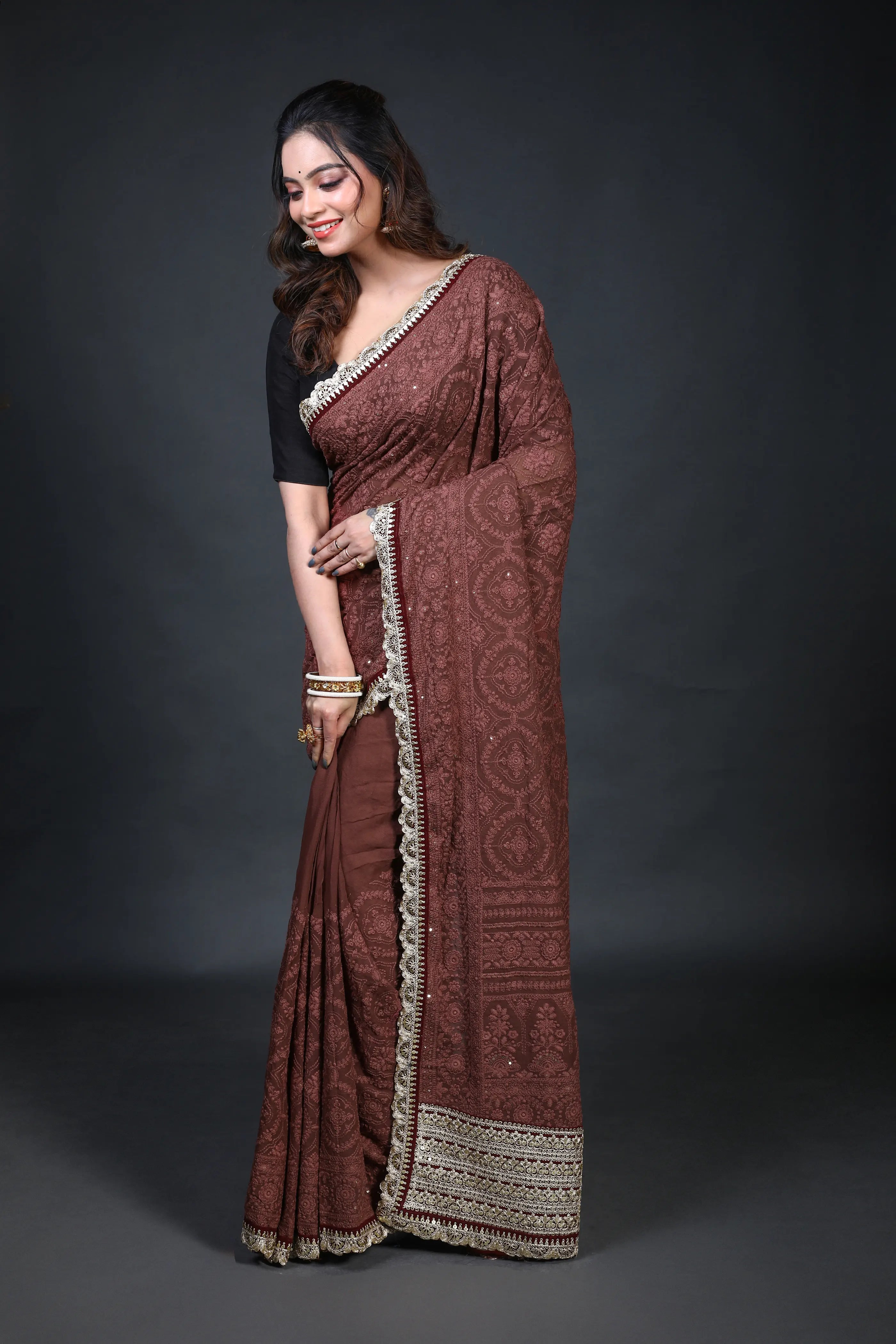 Maroonish Choclate Chiffon Luckhnowi Chikan Saree With Blouse Piece