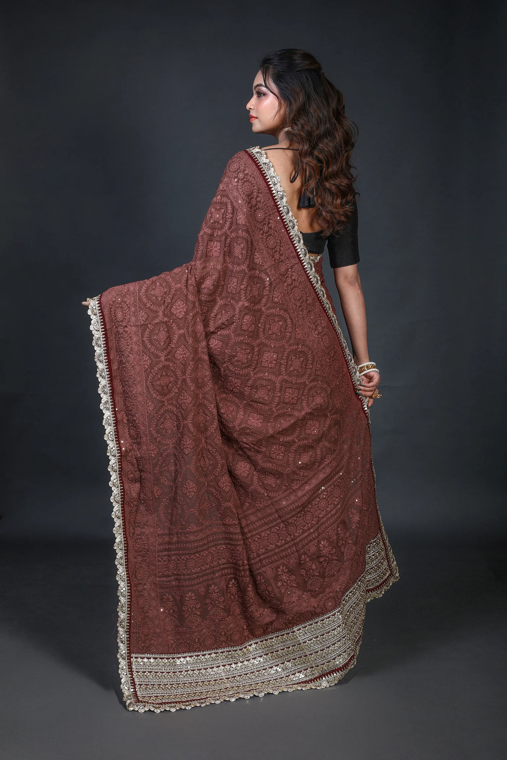 Maroonish Choclate Chiffon Luckhnowi Chikan Saree With Blouse Piece