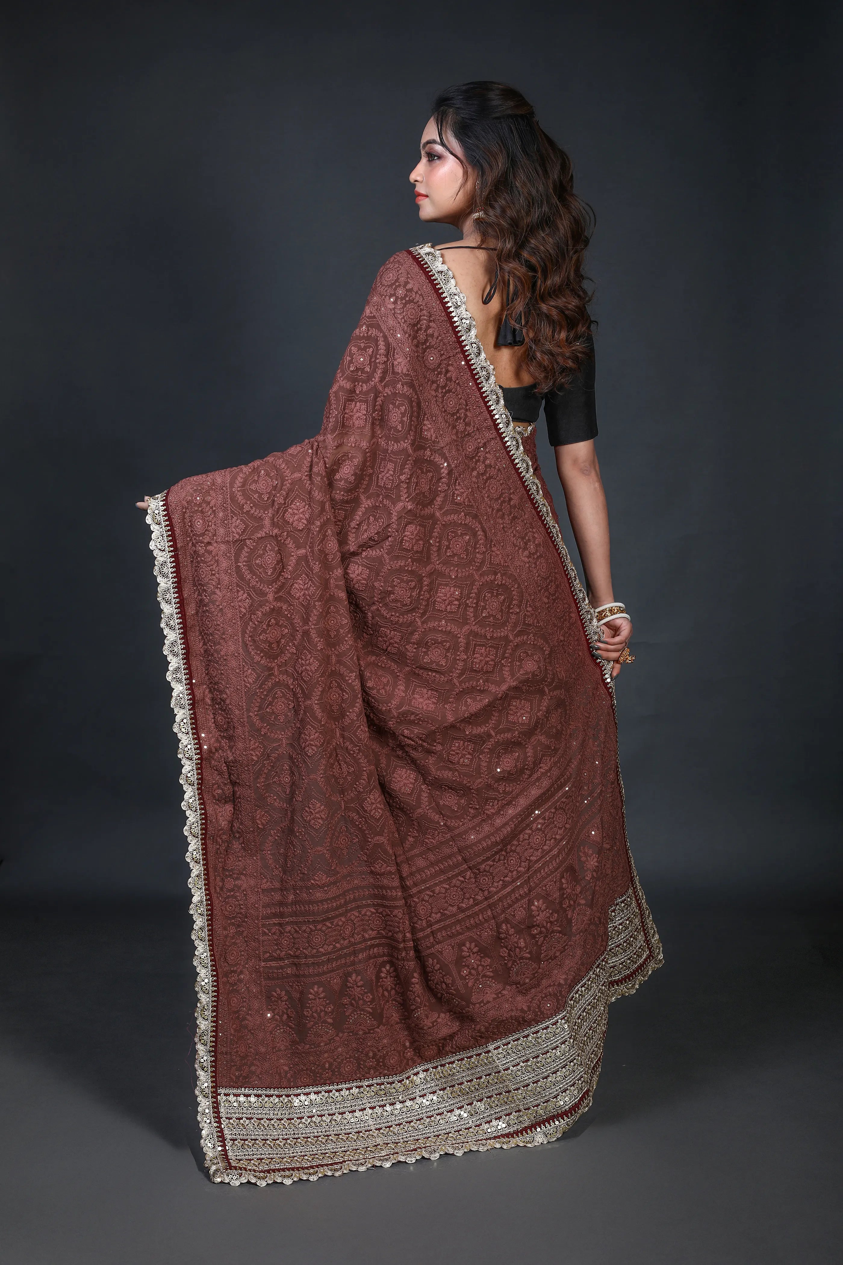 Maroonish Choclate Chiffon Luckhnowi Chikan Saree With Blouse Piece