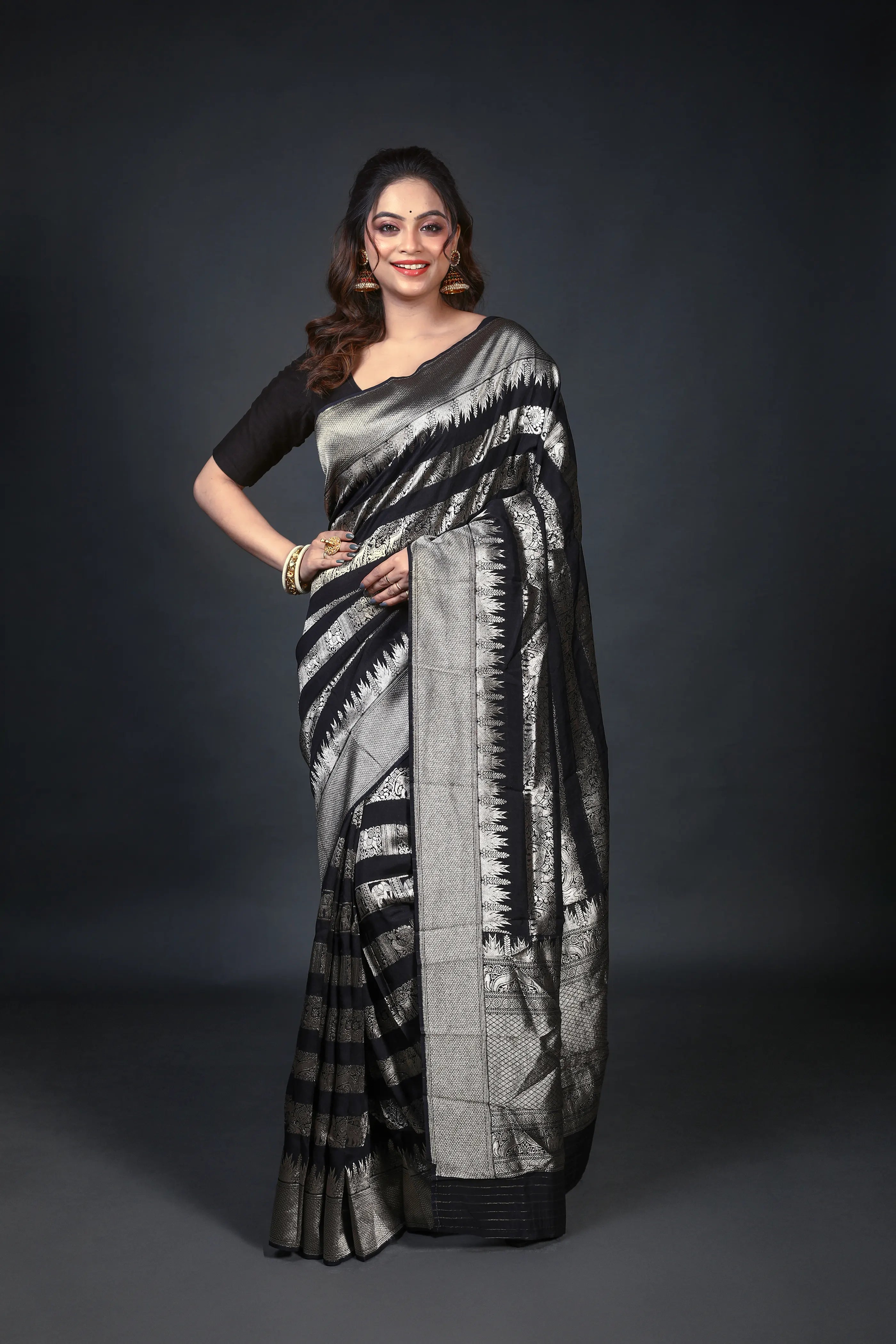Black Blended Georgette Banarasi Saree With Blouse Piece