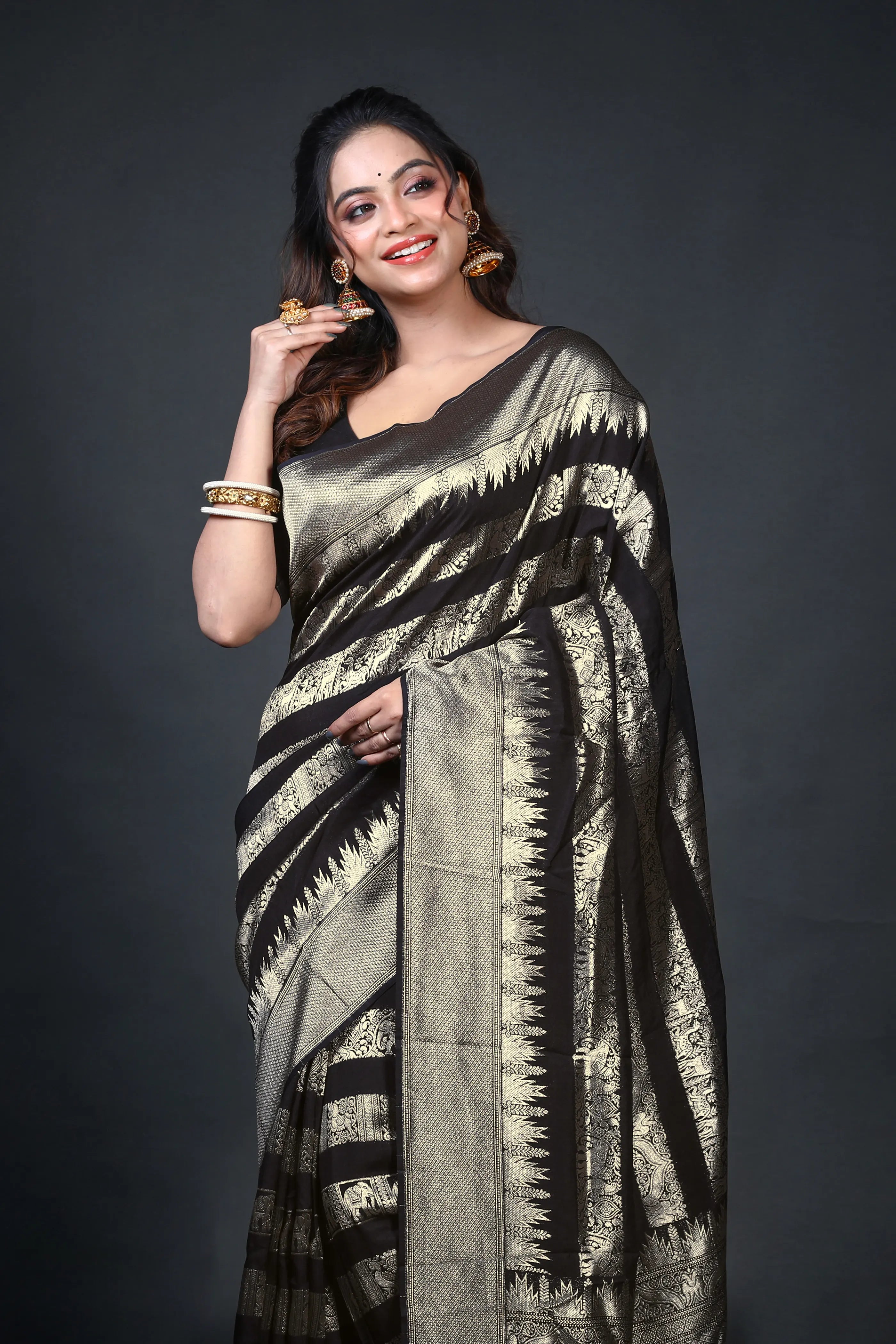 Black Blended Georgette Banarasi Saree With Blouse Piece