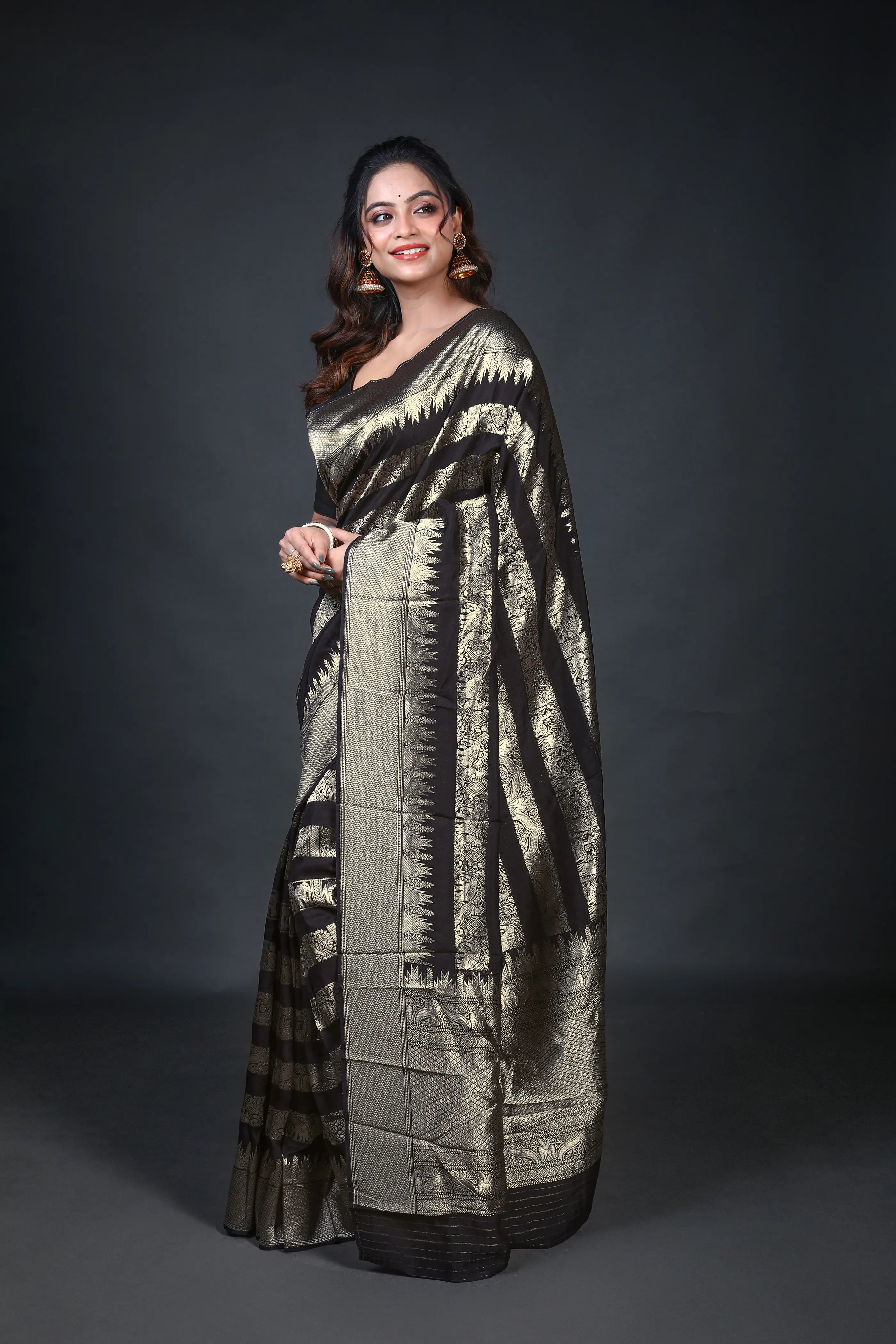 Black Blended Georgette Banarasi Saree With Blouse Piece