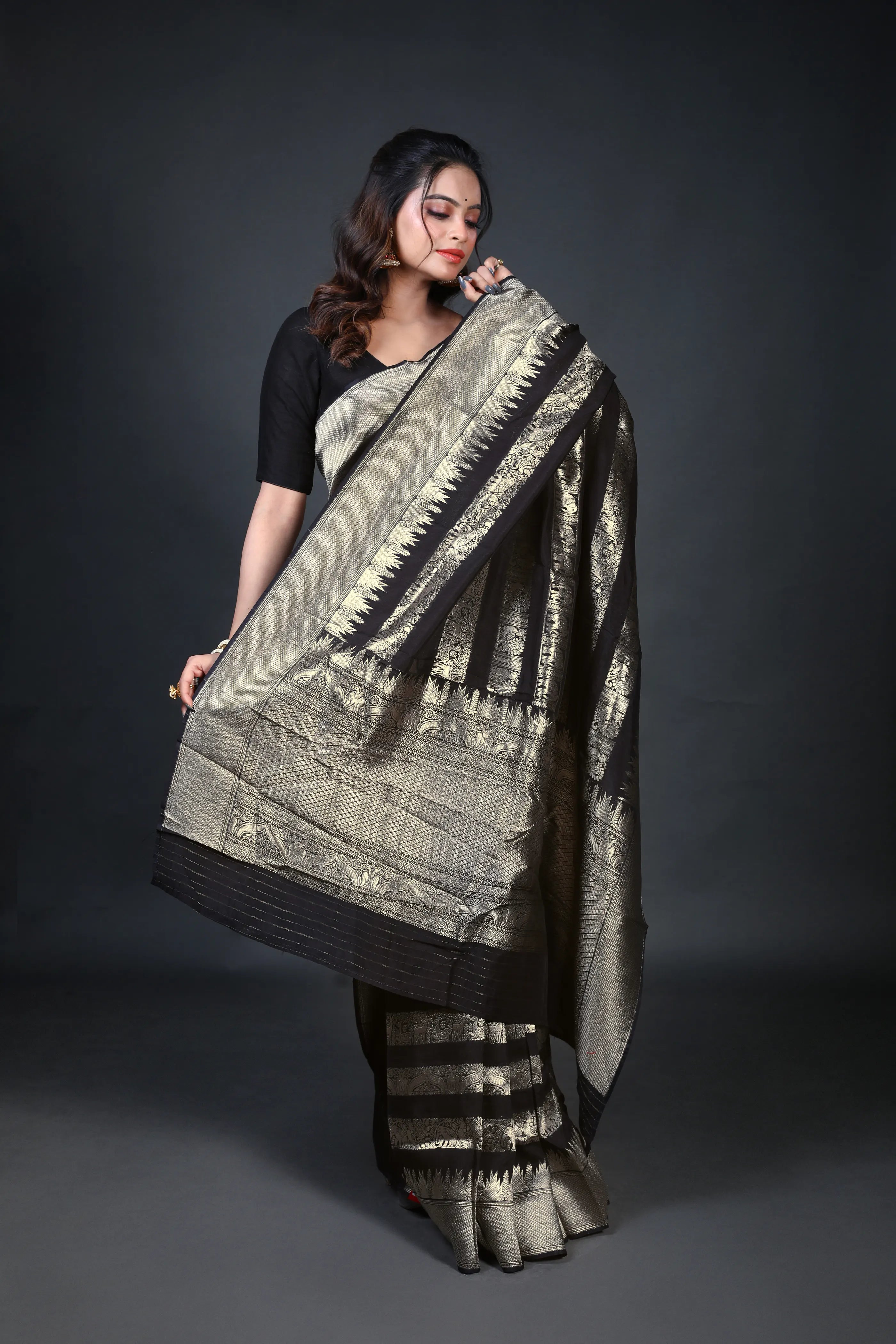 Black Blended Georgette Banarasi Saree With Blouse Piece